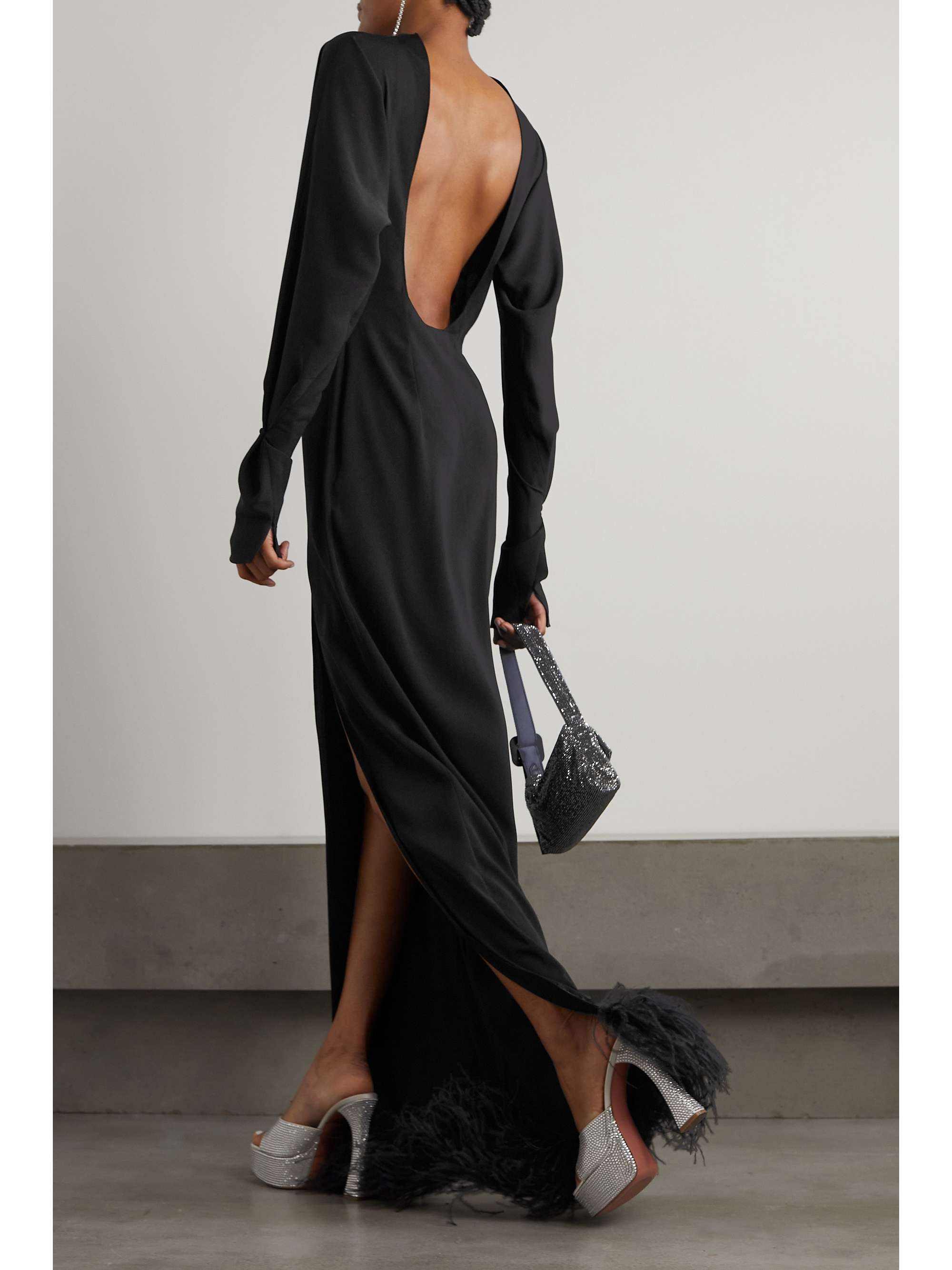 16ARLINGTON Flora open-back feather-trimmed crepe gown