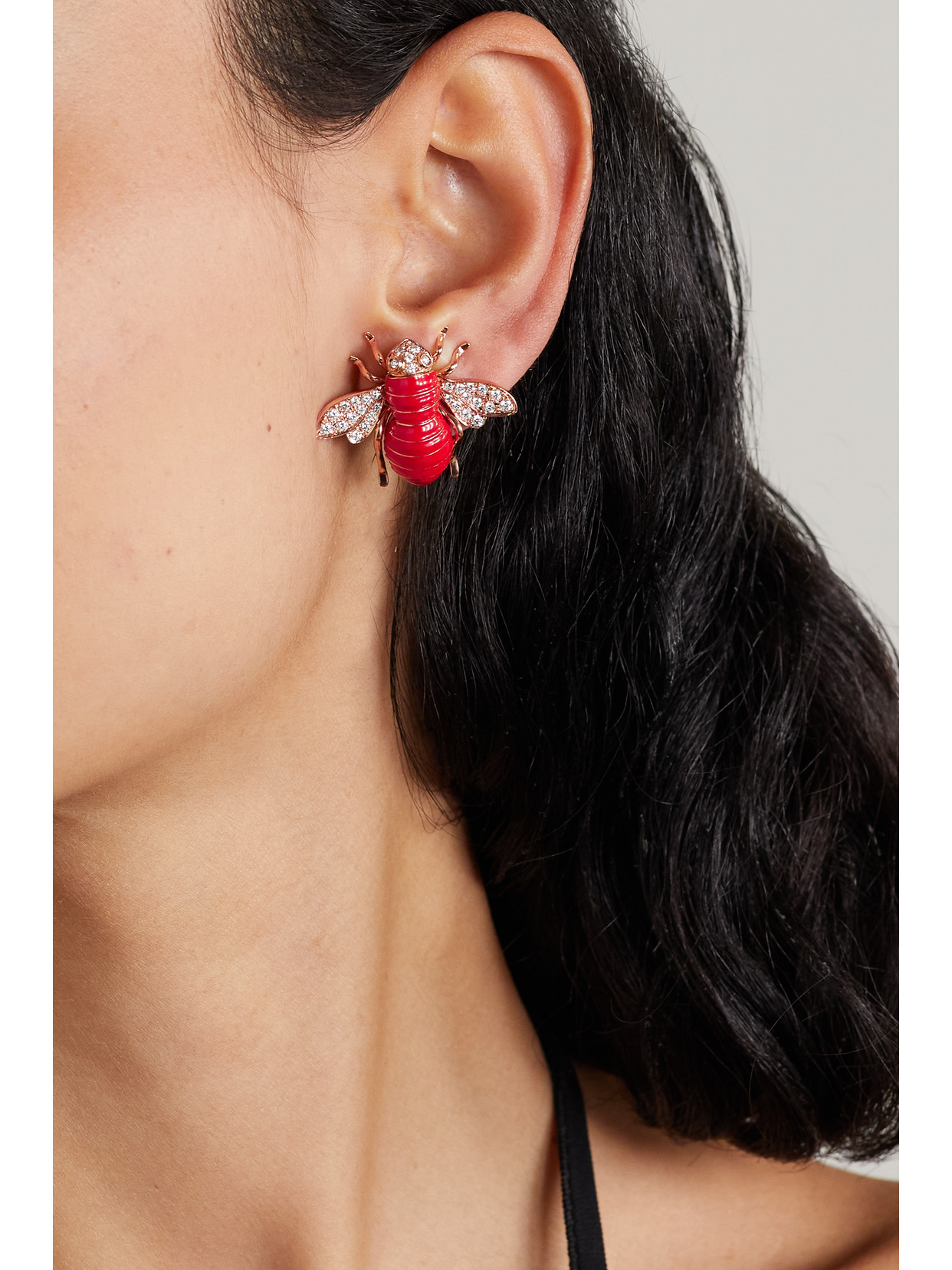 Shop Sabbadini Bee 18-karat Gold, Enamel And Diamond Clip-on Earrings In Red