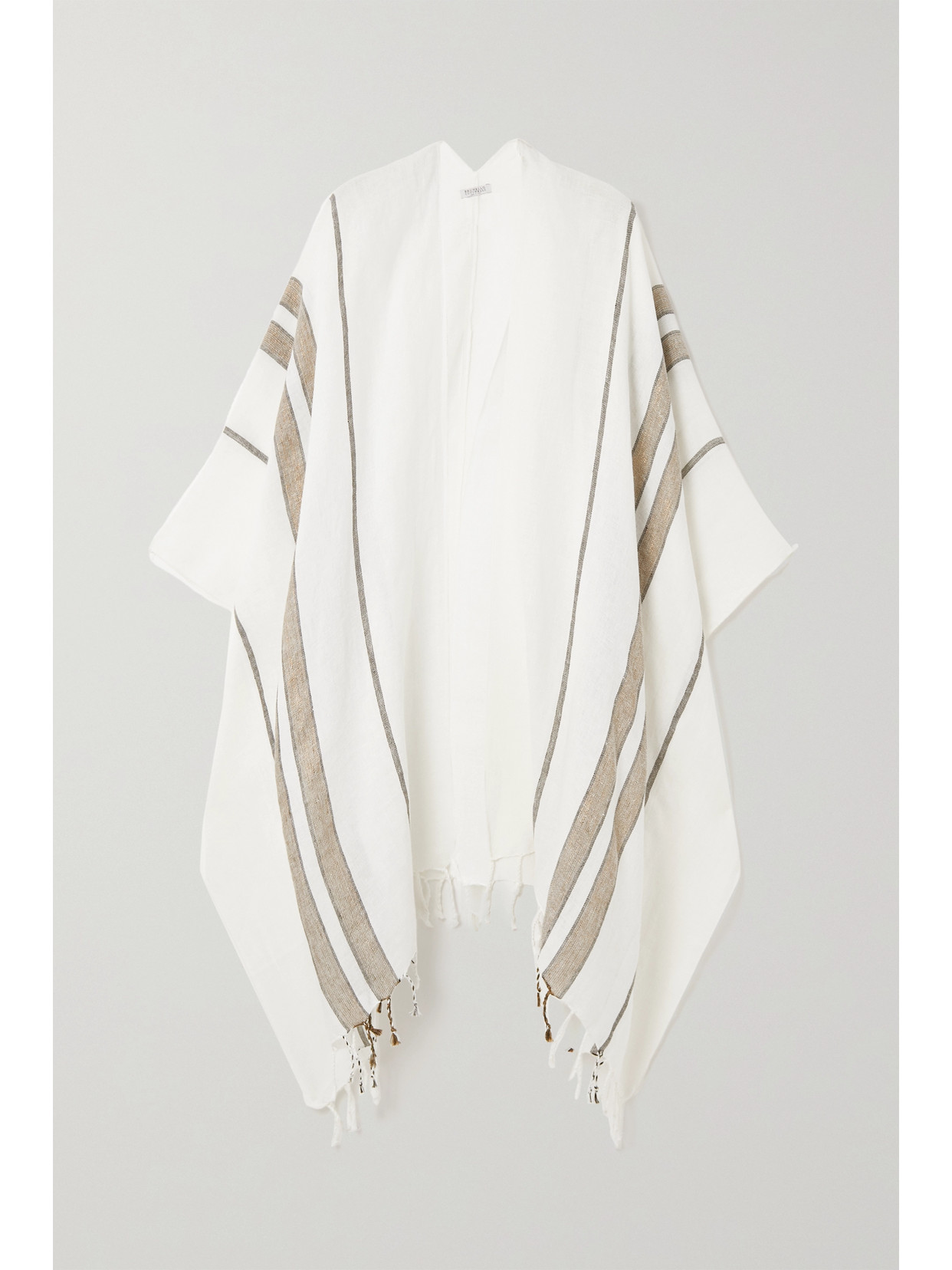 BRUNELLO CUCINELLI STRIPED FRINGED METALLIC LINEN-BLEND PONCHO