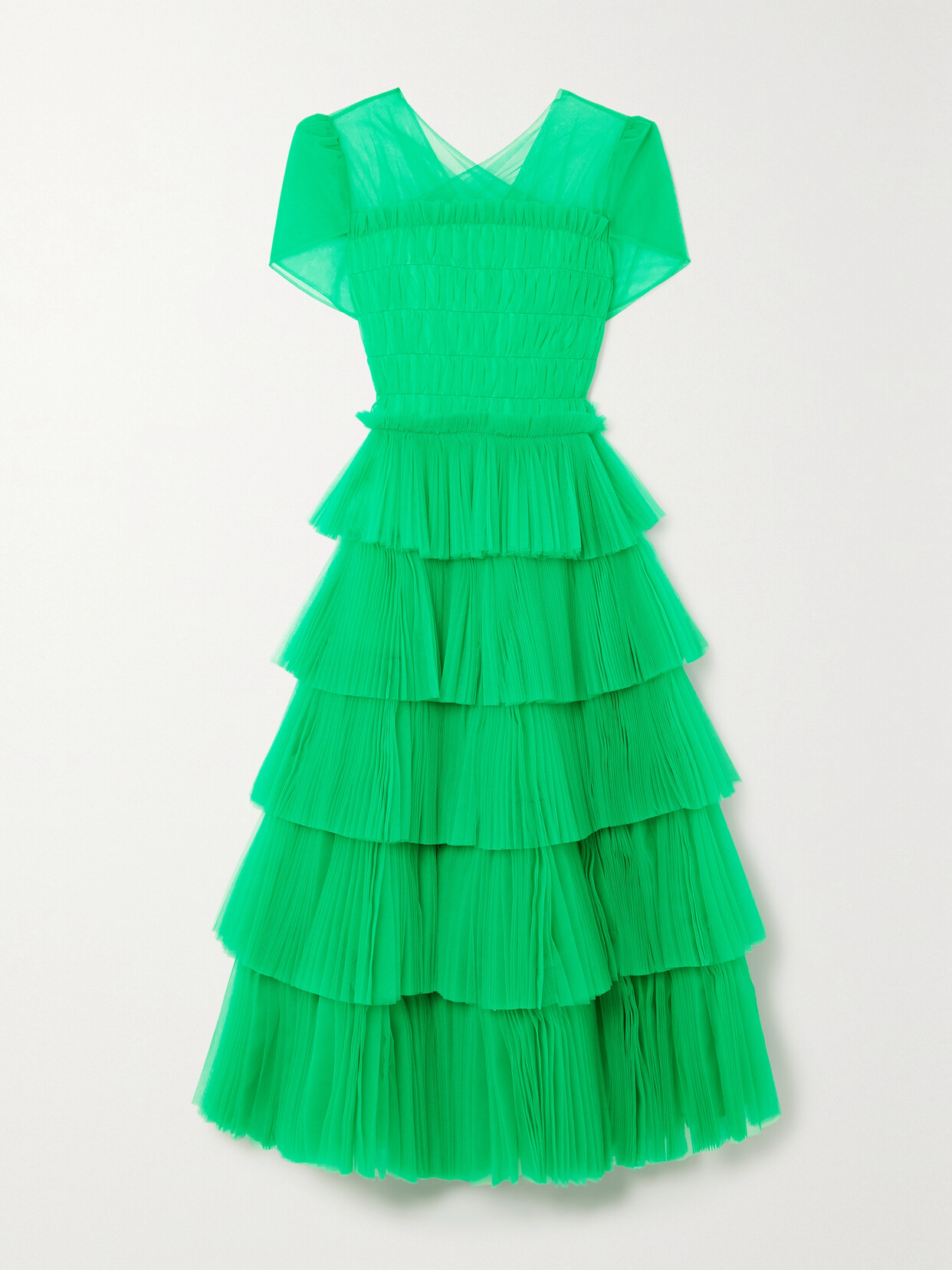 Huishan Zhang Mae Shirred Tiered Tulle Midi Dress - Green