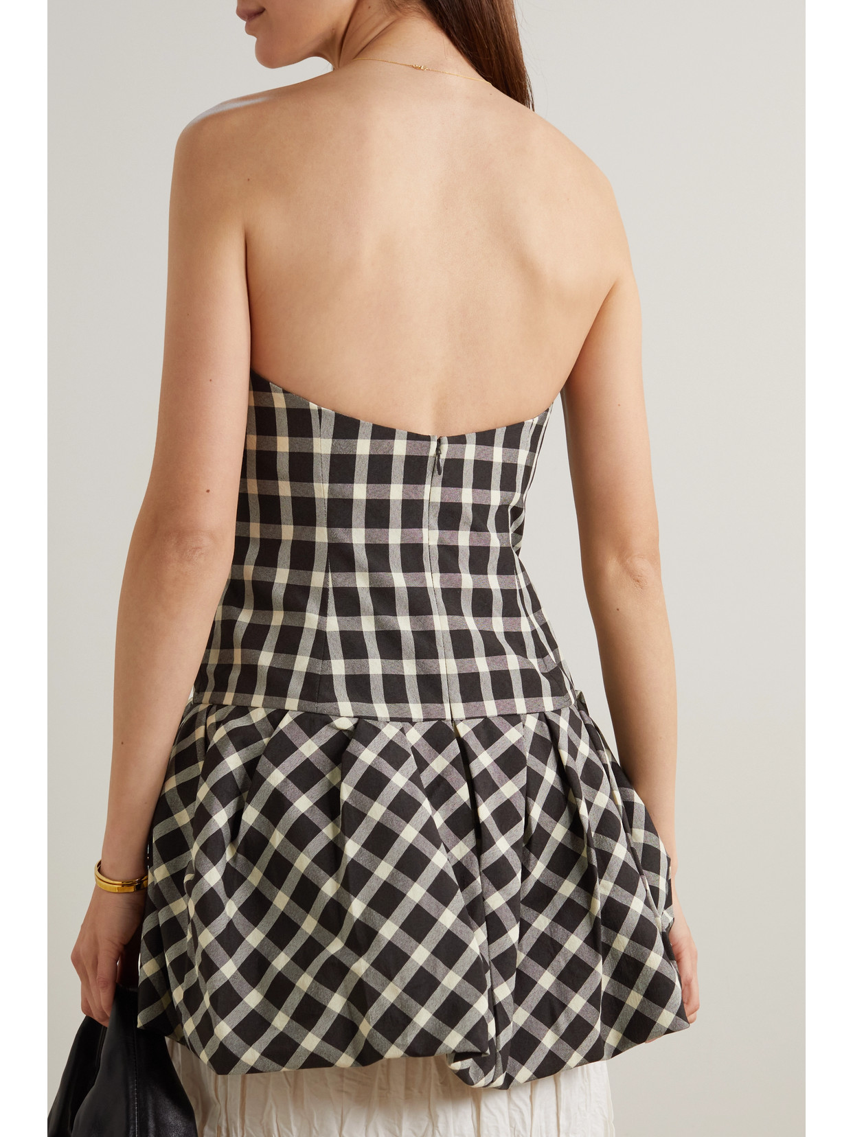 Strapless Gathered Checked Canvas Peplum Top