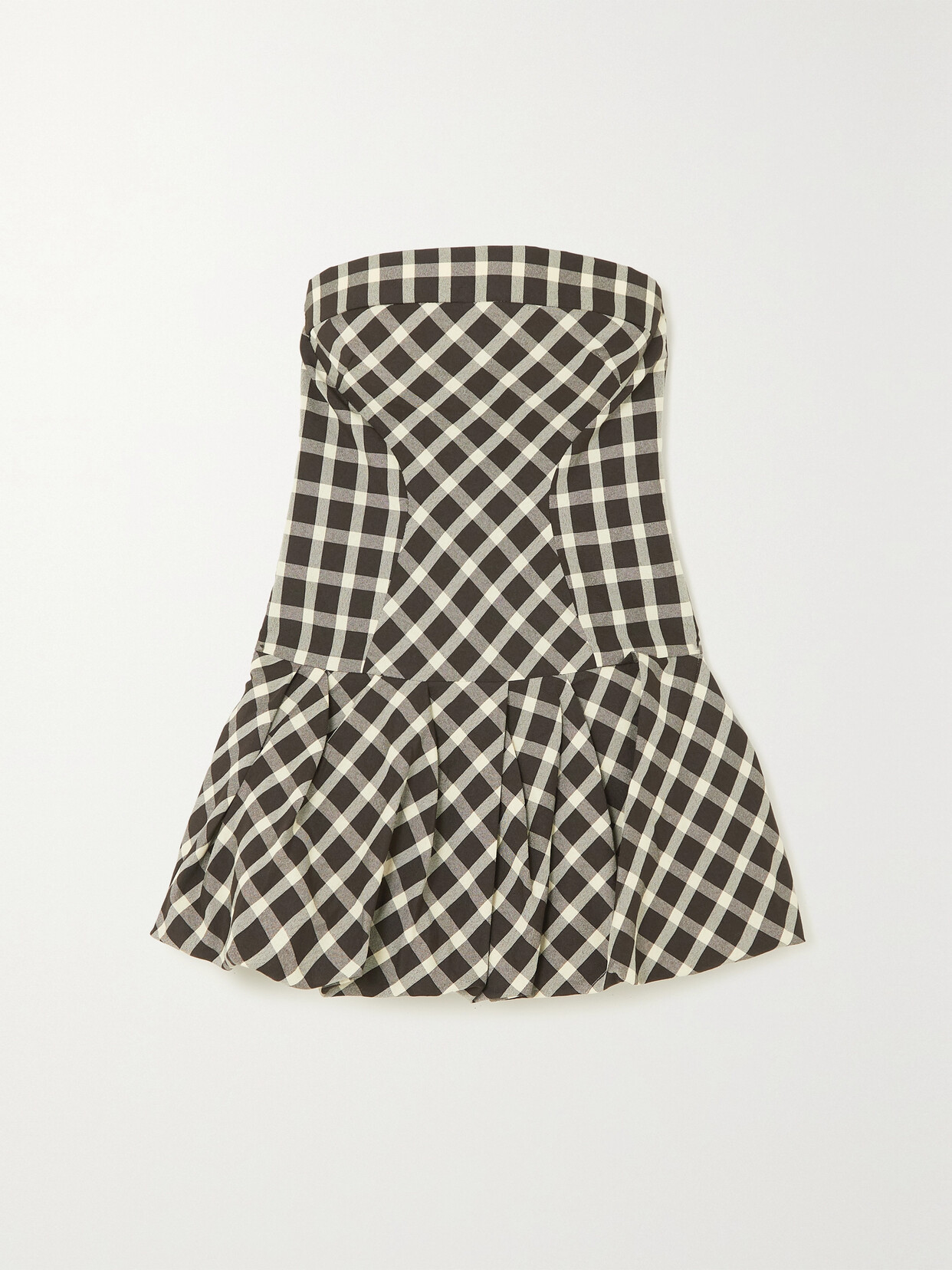 Strapless Gathered Checked Canvas Peplum Top