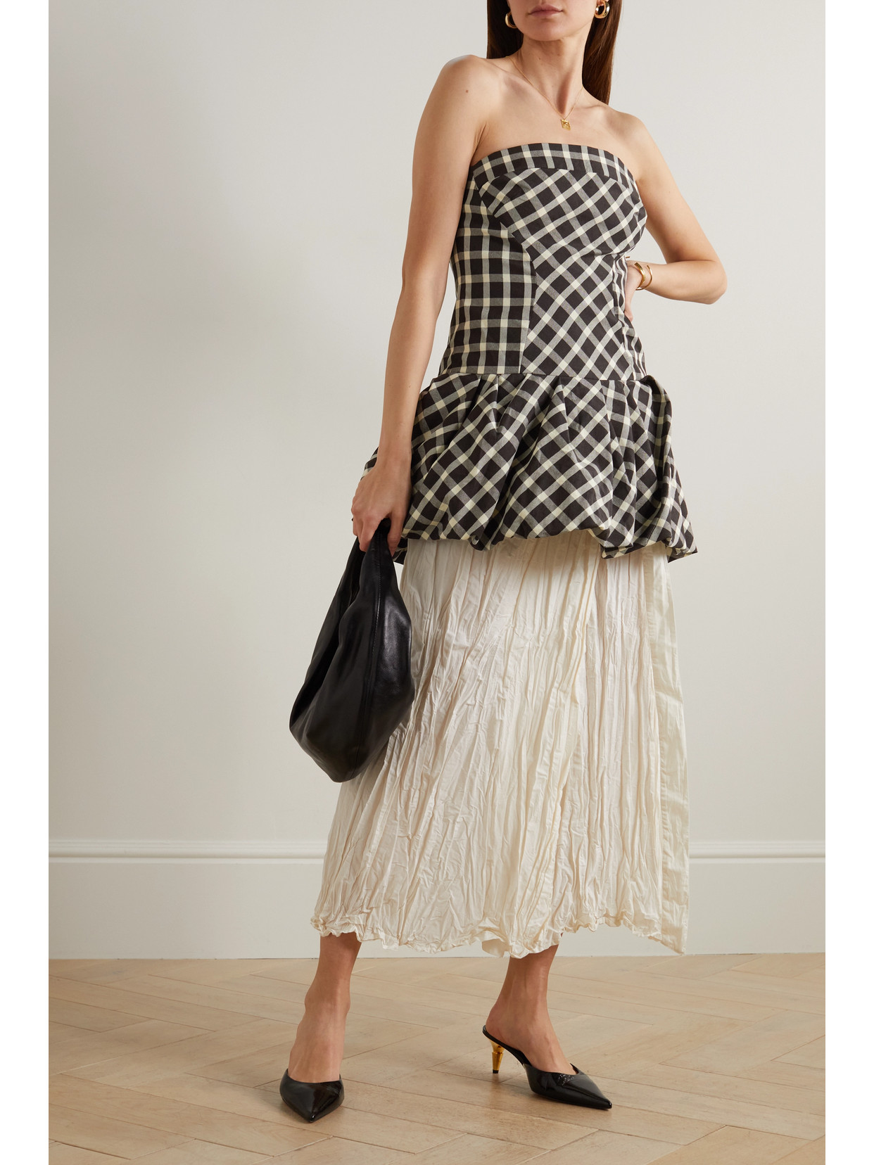 Strapless Gathered Checked Canvas Peplum Top