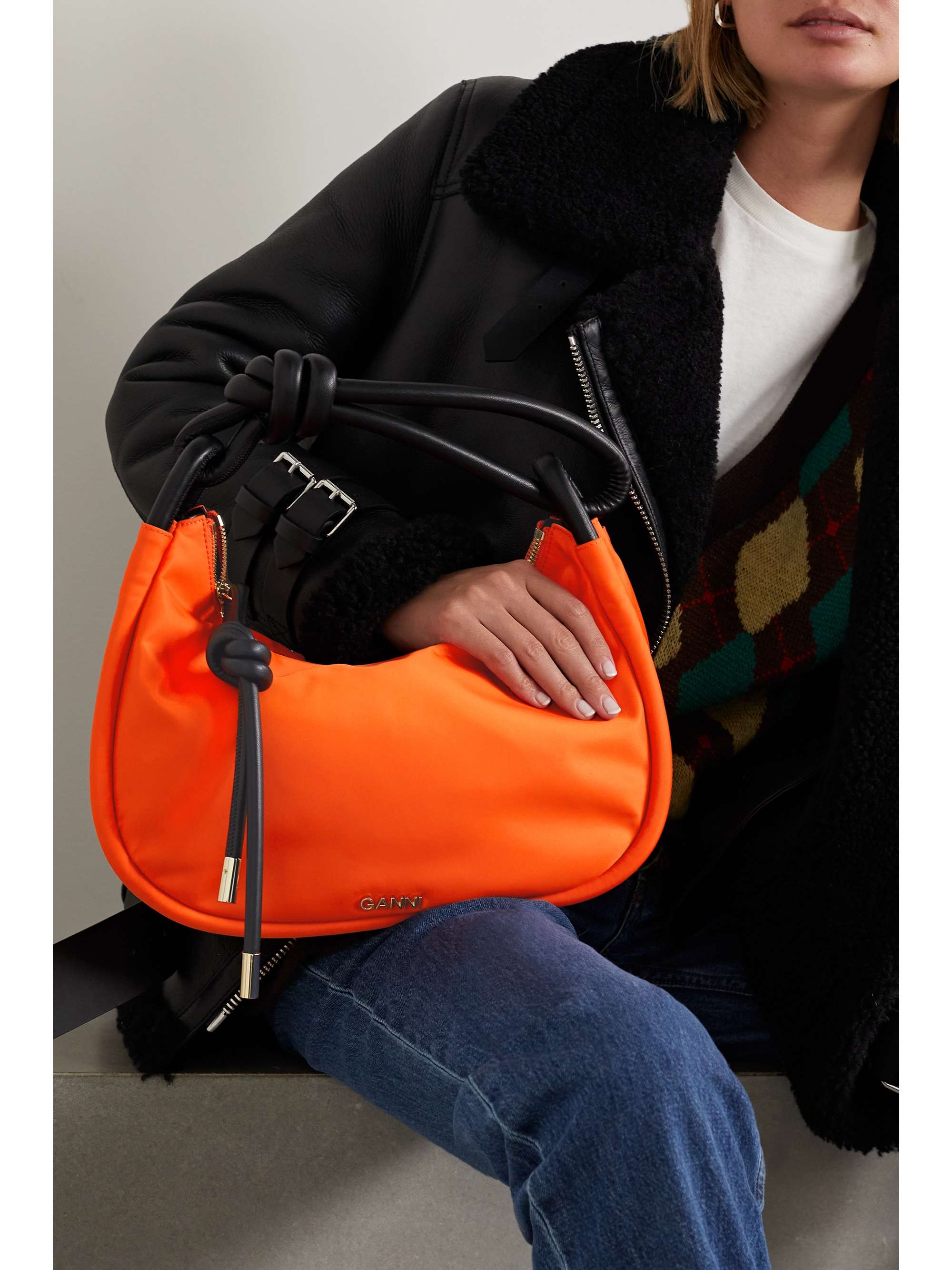 Knot leather-trimmed recycled shell shoulder bag