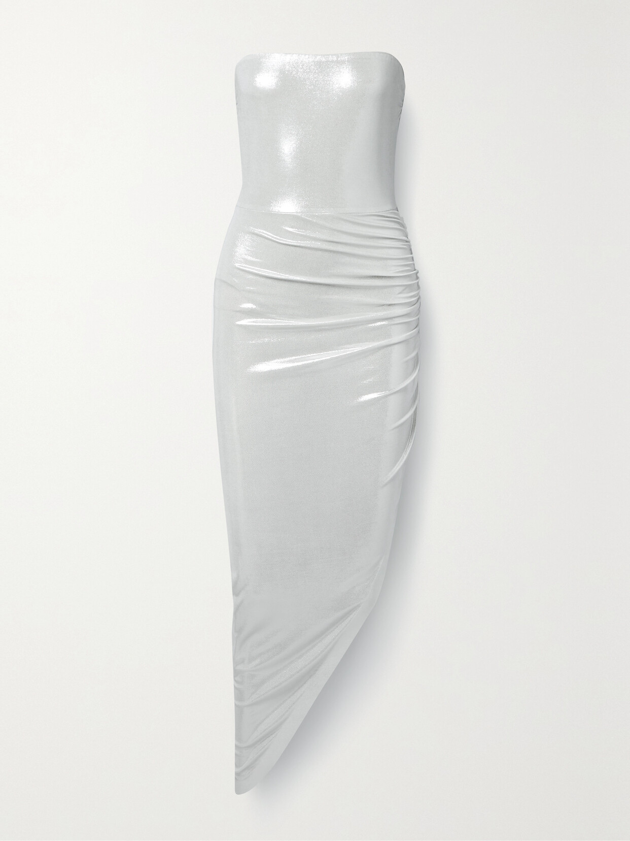 Norma Kamali Strapless Draped Stretch-lamé Midi Dress In Pearl