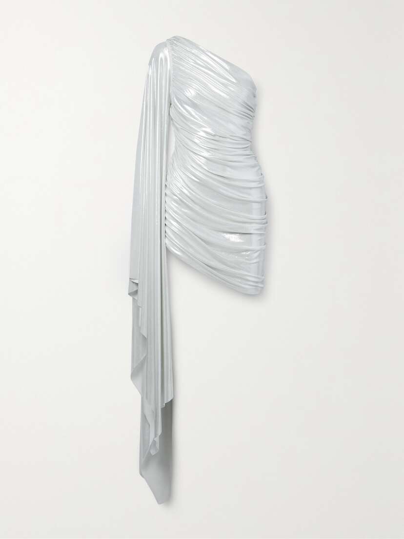 Norma Kamali Diana One-sleeve Draped Ruched Stretch-lamé Dress