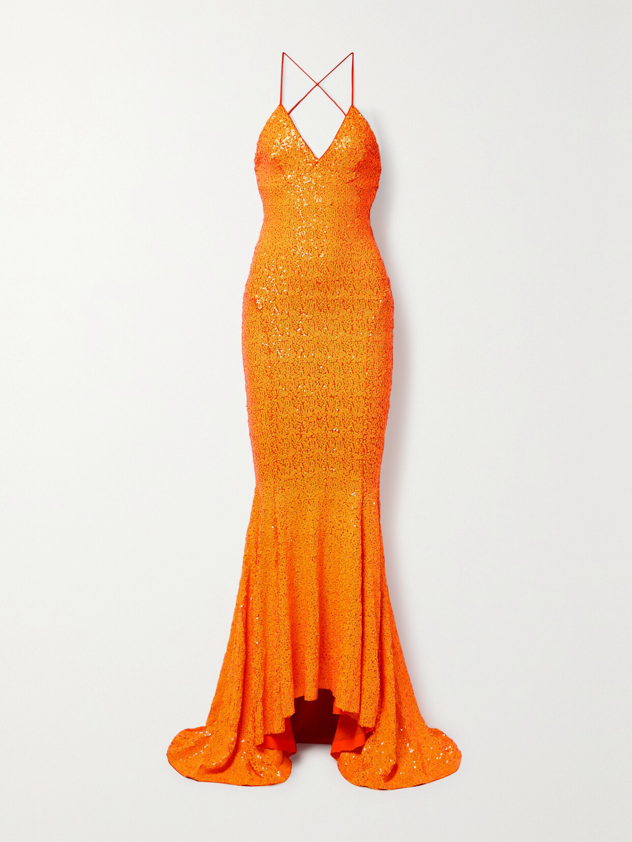 Shop Norma Kamali Open-back Sequined Neon Stretch-jersey Gown In Orange