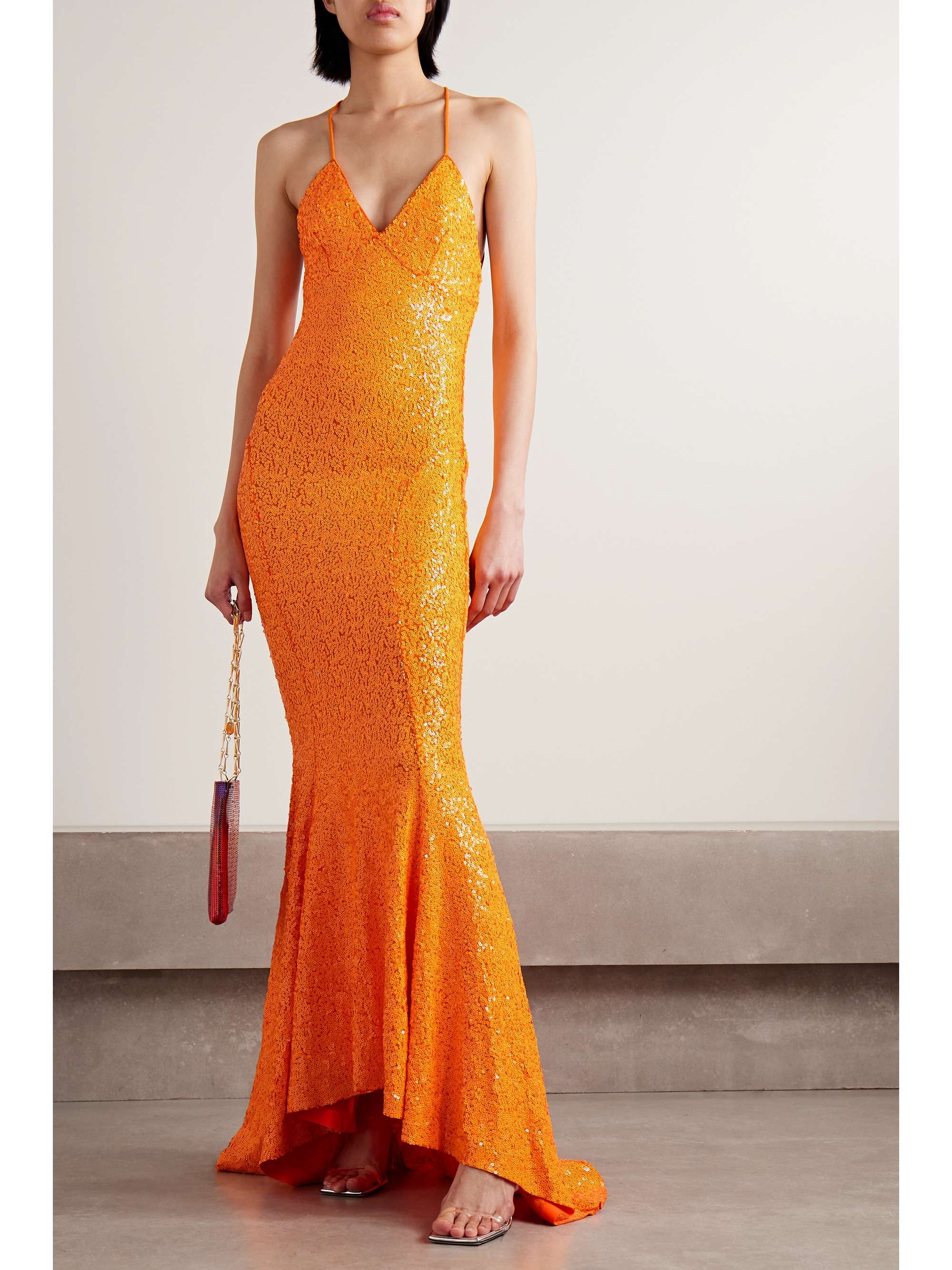 NORMA KAMALI Open-back sequined neon stretch-jersey gown