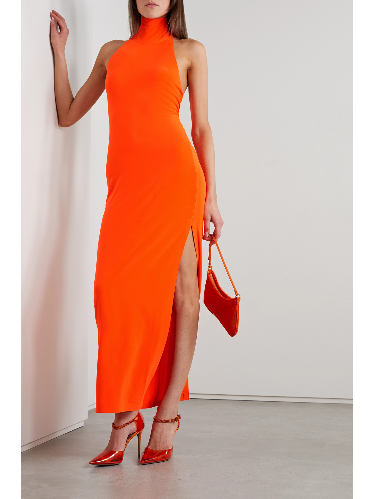 Shop Norma Kamali Stretch-jersey Turtleneck Midi Dress In Orange