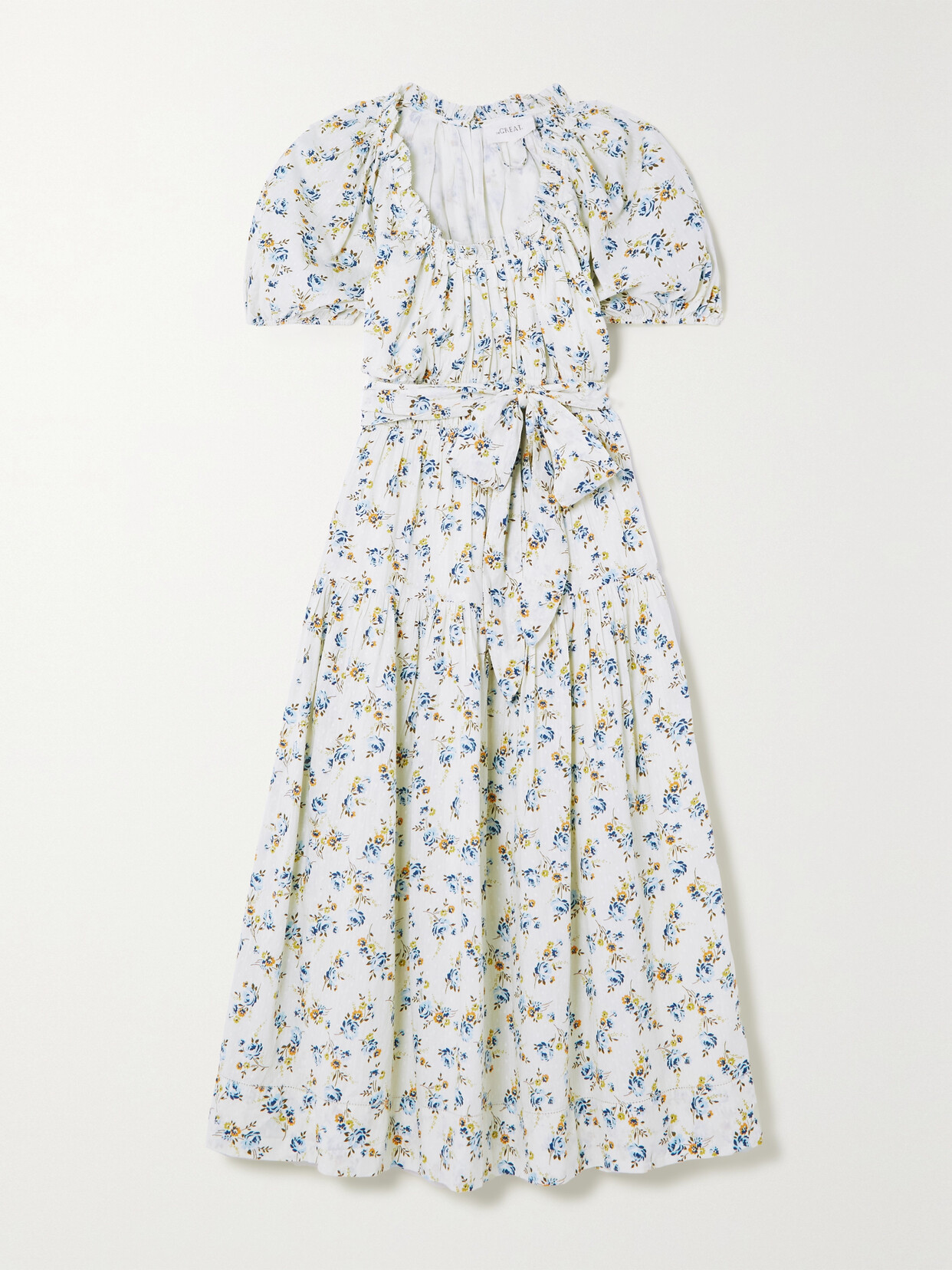 The Great Moonstone Belted Tiered Floral-print Cotton-voile Midi Dress - Blue