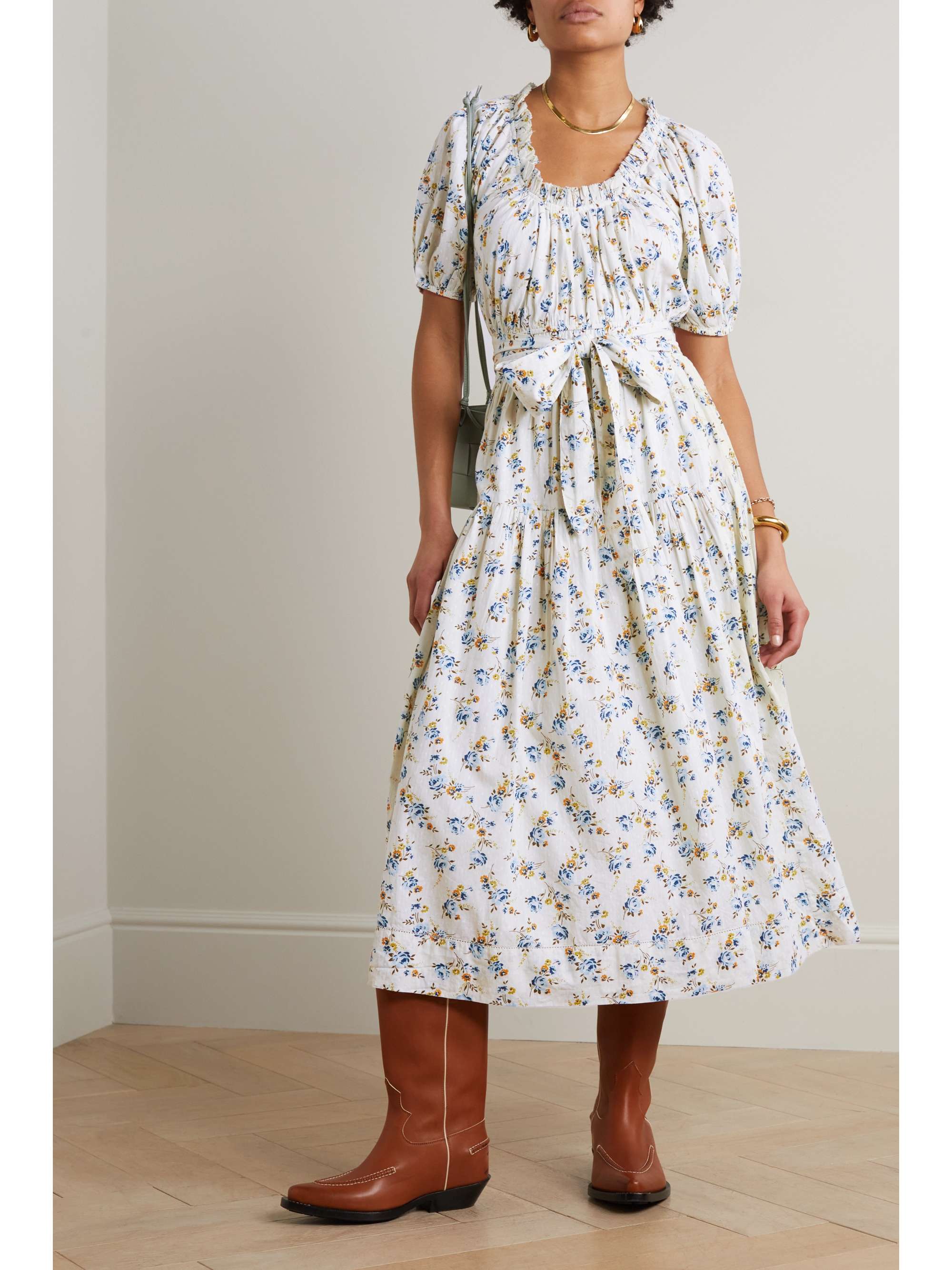 THE GREAT. Moonstone belted tiered floralprint cottonvoile midi dress