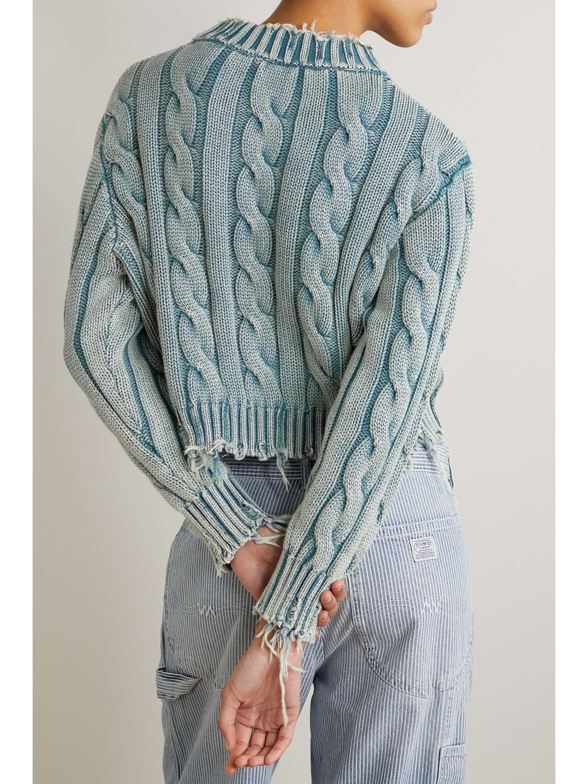 DENIMIST Distressed cableknit cotton sweater NETAPORTER