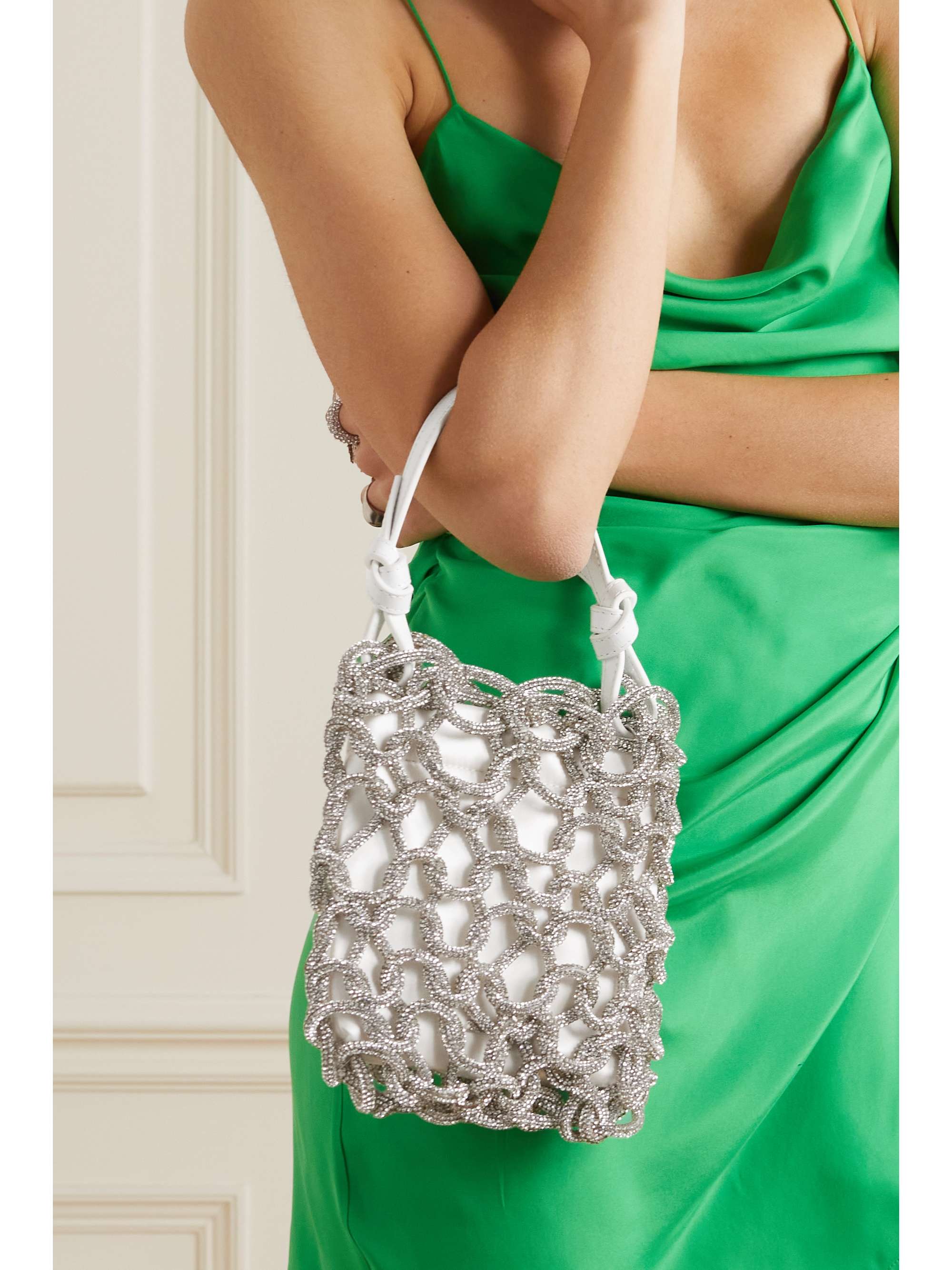 STAUD Tini leather-trimmed crystal-embellished cord and satin mini bag