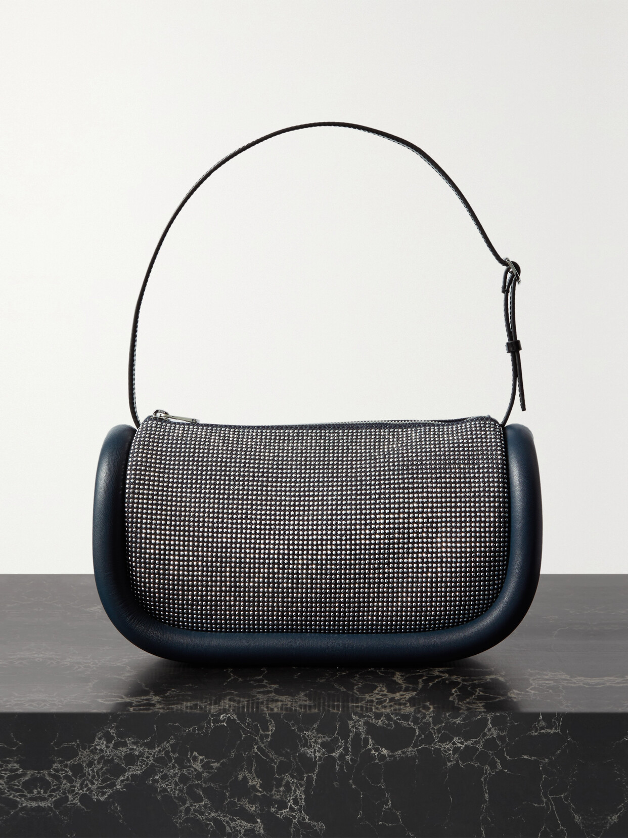 Jw Anderson Bumper-15 Leather-trimmed Crystal-embellished Denim Shoulder Bag In Blue