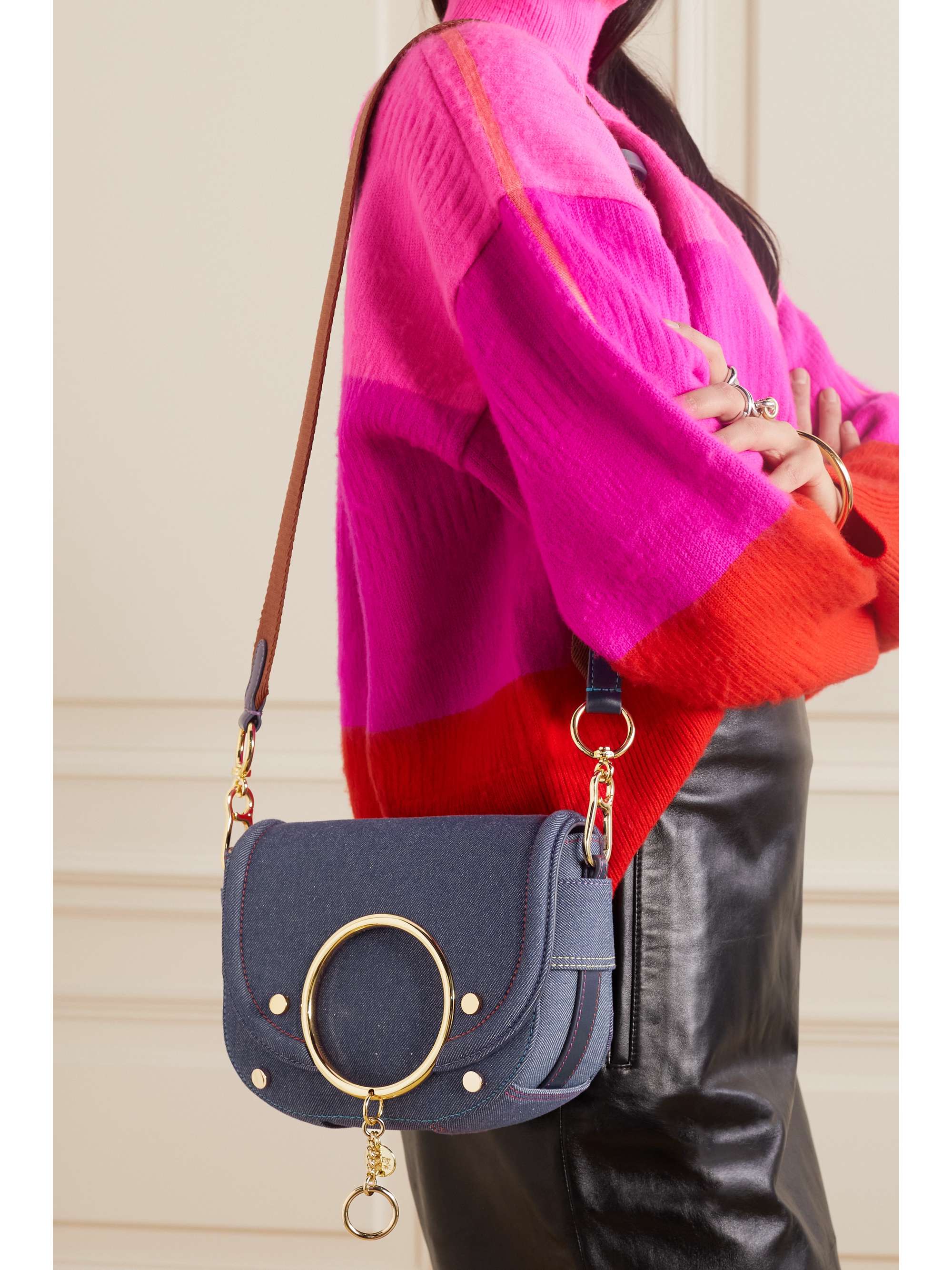 SEE BY CHLOÉ Mara embellished leather-trimmed denim shoulder bag
