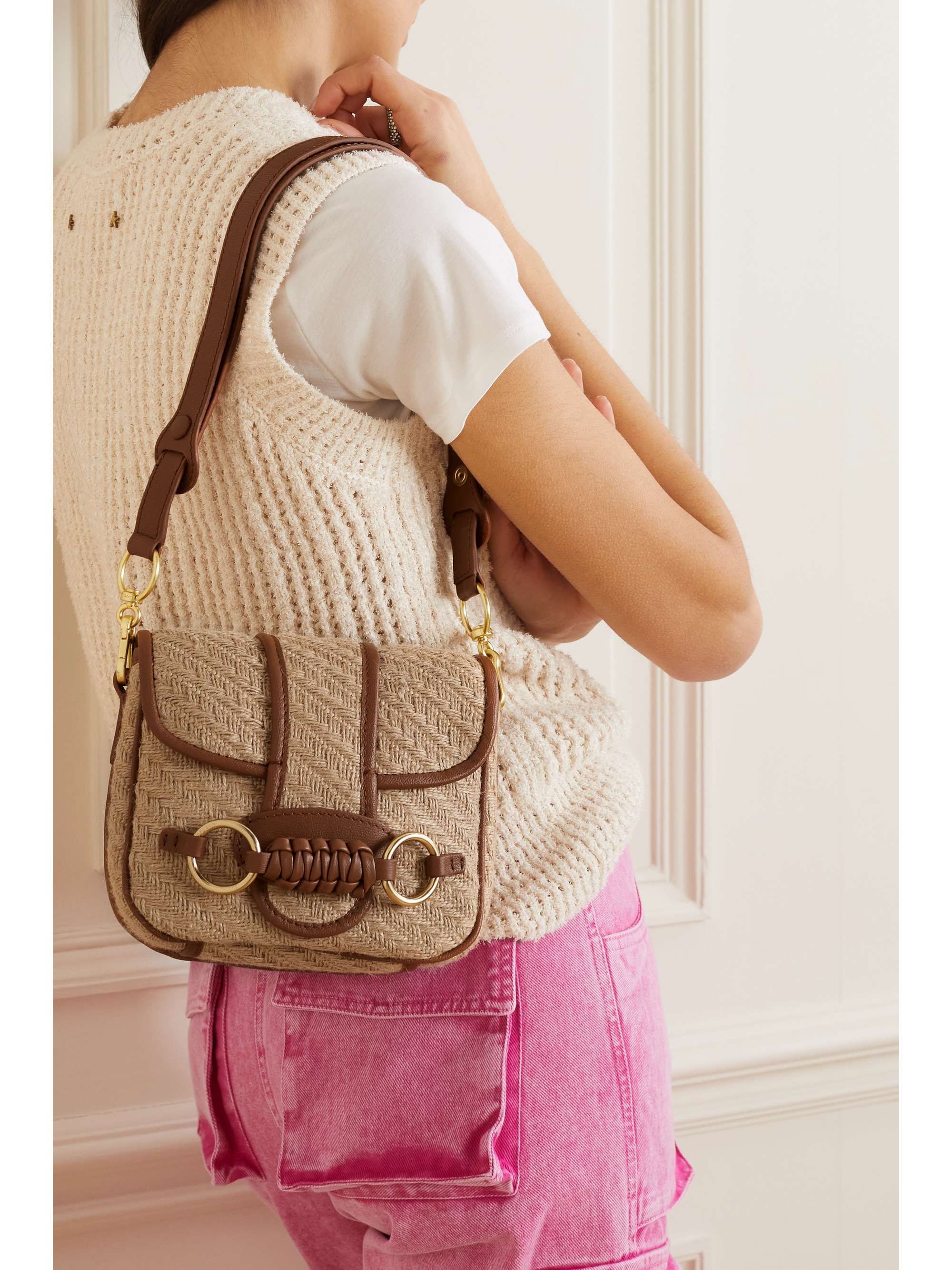 SEE BY CHLOÉ Saddie embellished leather-trimmed raffia shoulder bag