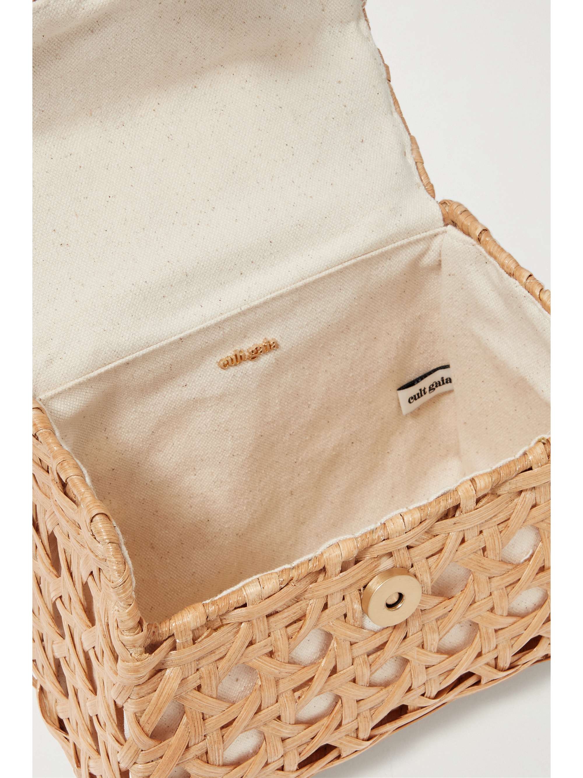 CULT GAIA Sybil leather-trimmed rattan and canvas shoulder bag