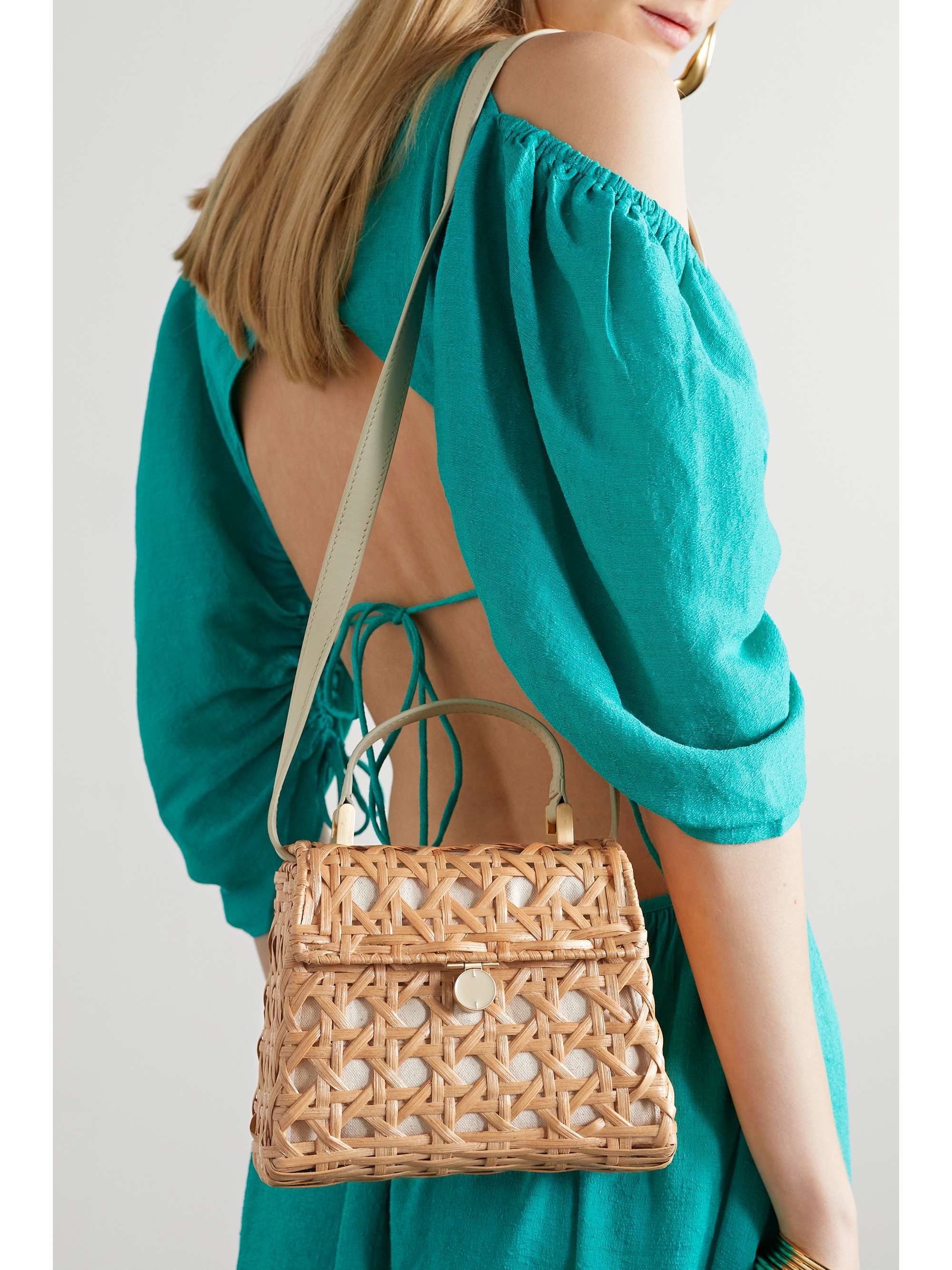 CULT GAIA Sybil leather-trimmed rattan and canvas shoulder bag