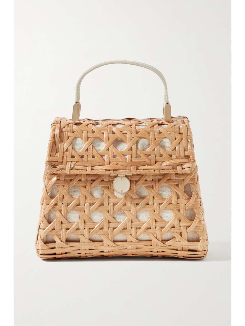 Cult Gaia Sybil Leather-trimmed Rattan And Canvas Shoulder Bag
