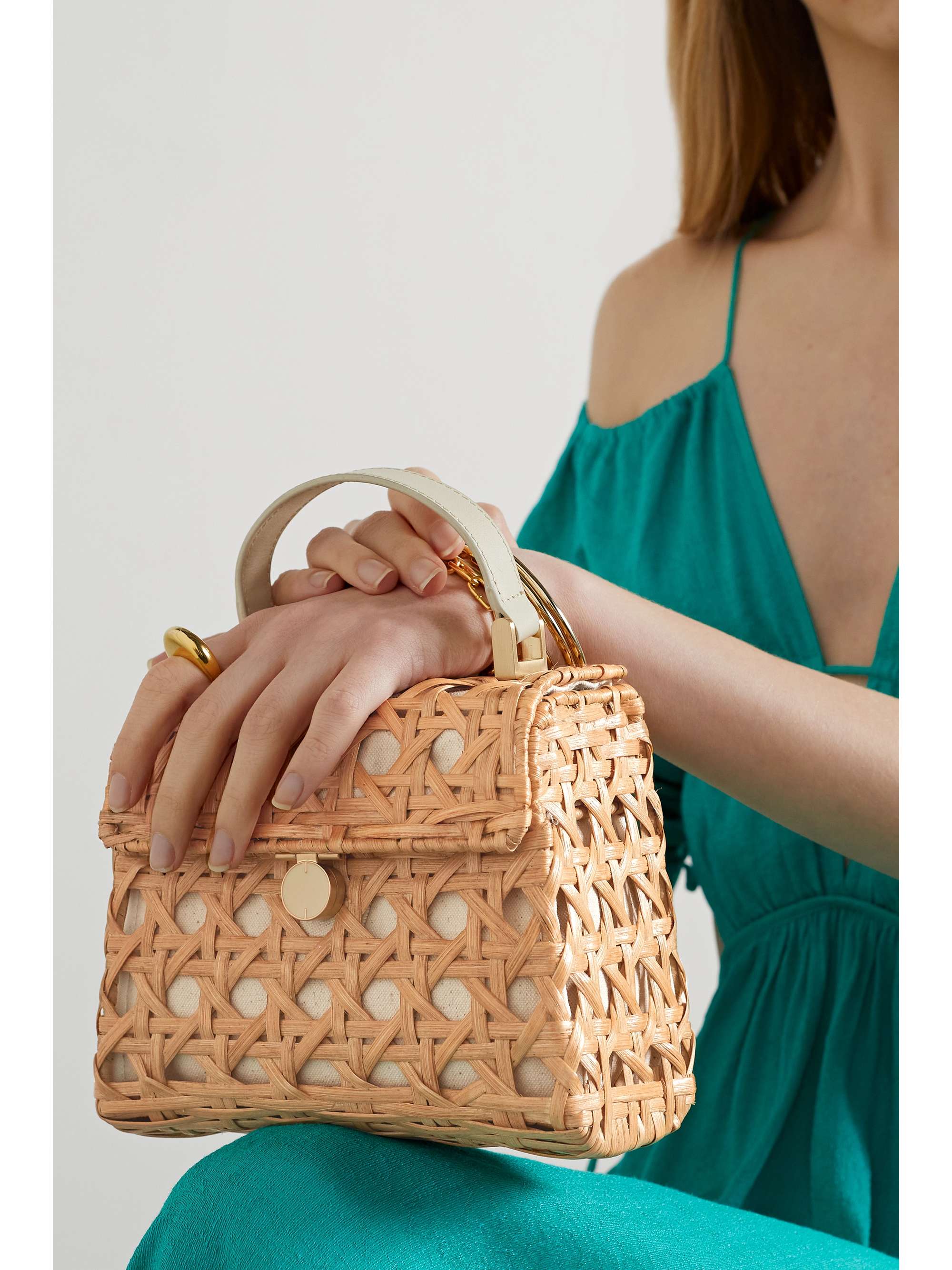 CULT GAIA Sybil leather-trimmed rattan and canvas shoulder bag