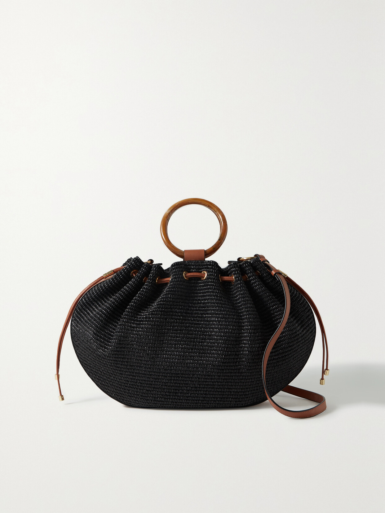 Ulla Johnson - Valeria Large Leather-trimmed Ruched Raffia Shoulder Bag - Black