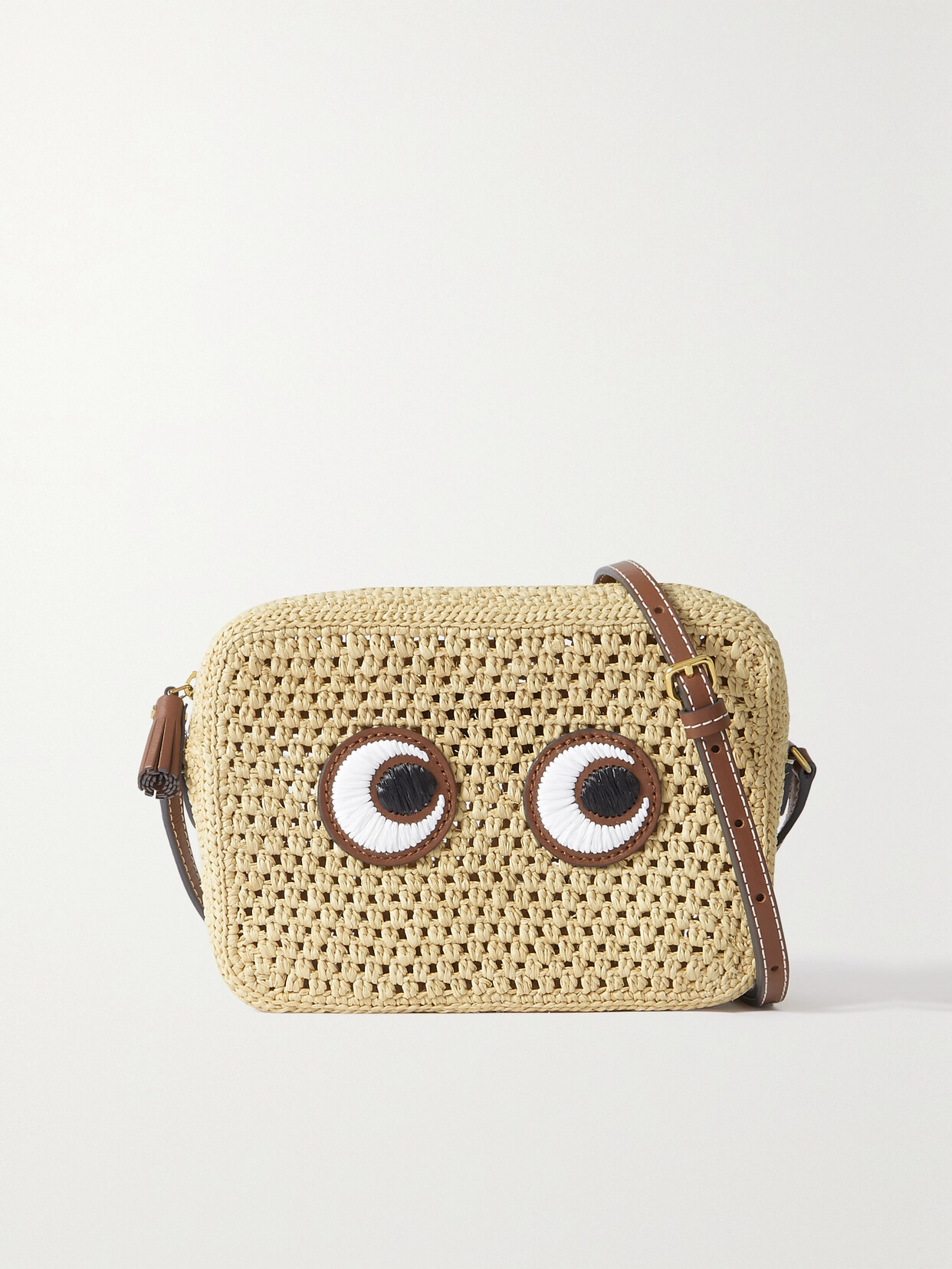 Anya Hindmarch - Eyes Embroidered Leather-trimmed Raffia Shoulder Bag - Neutrals