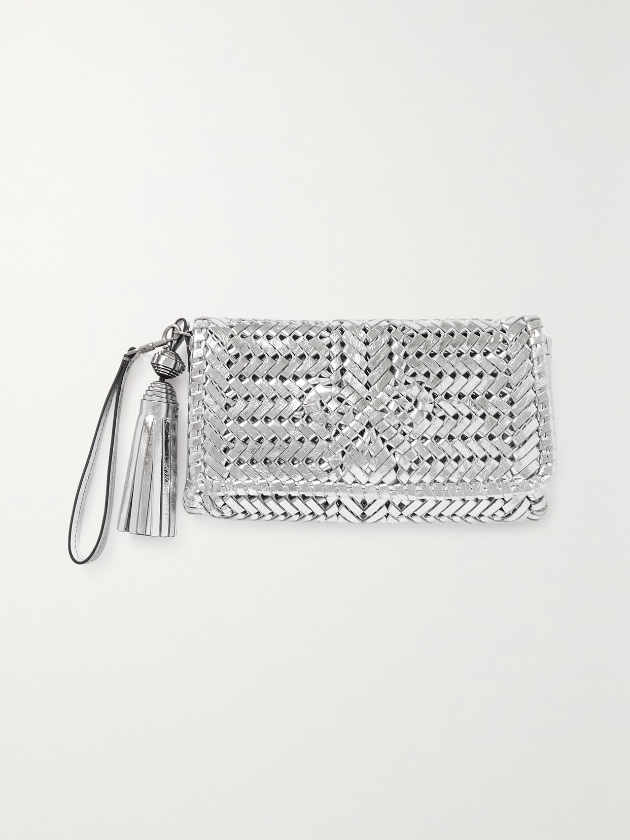 Anya Hindmarch Neeson Tasseled Metallic Leather Clutch In Silver