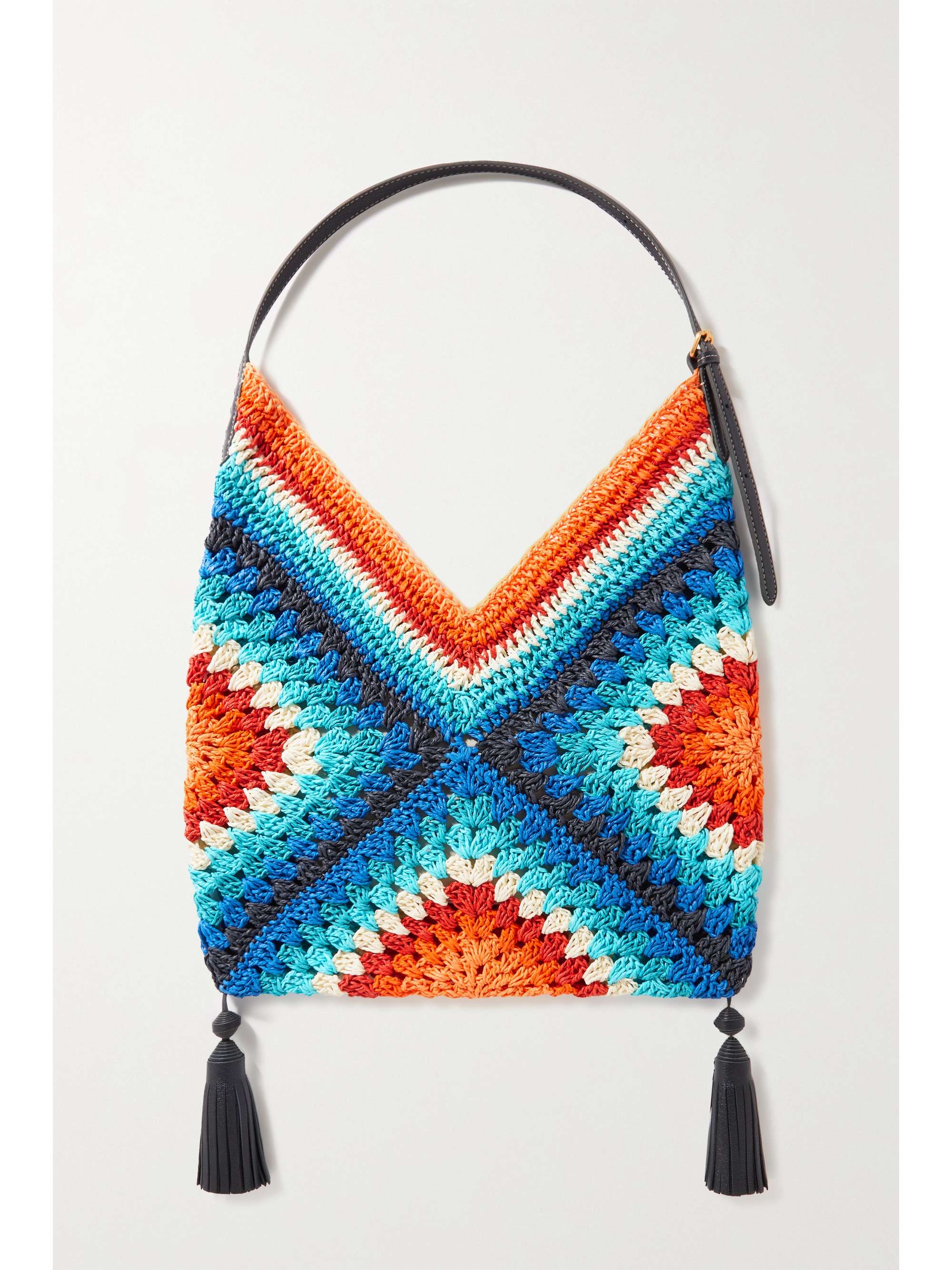 ANYA HINDMARCH Tasseled leather-trimmed crocheted raffia tote