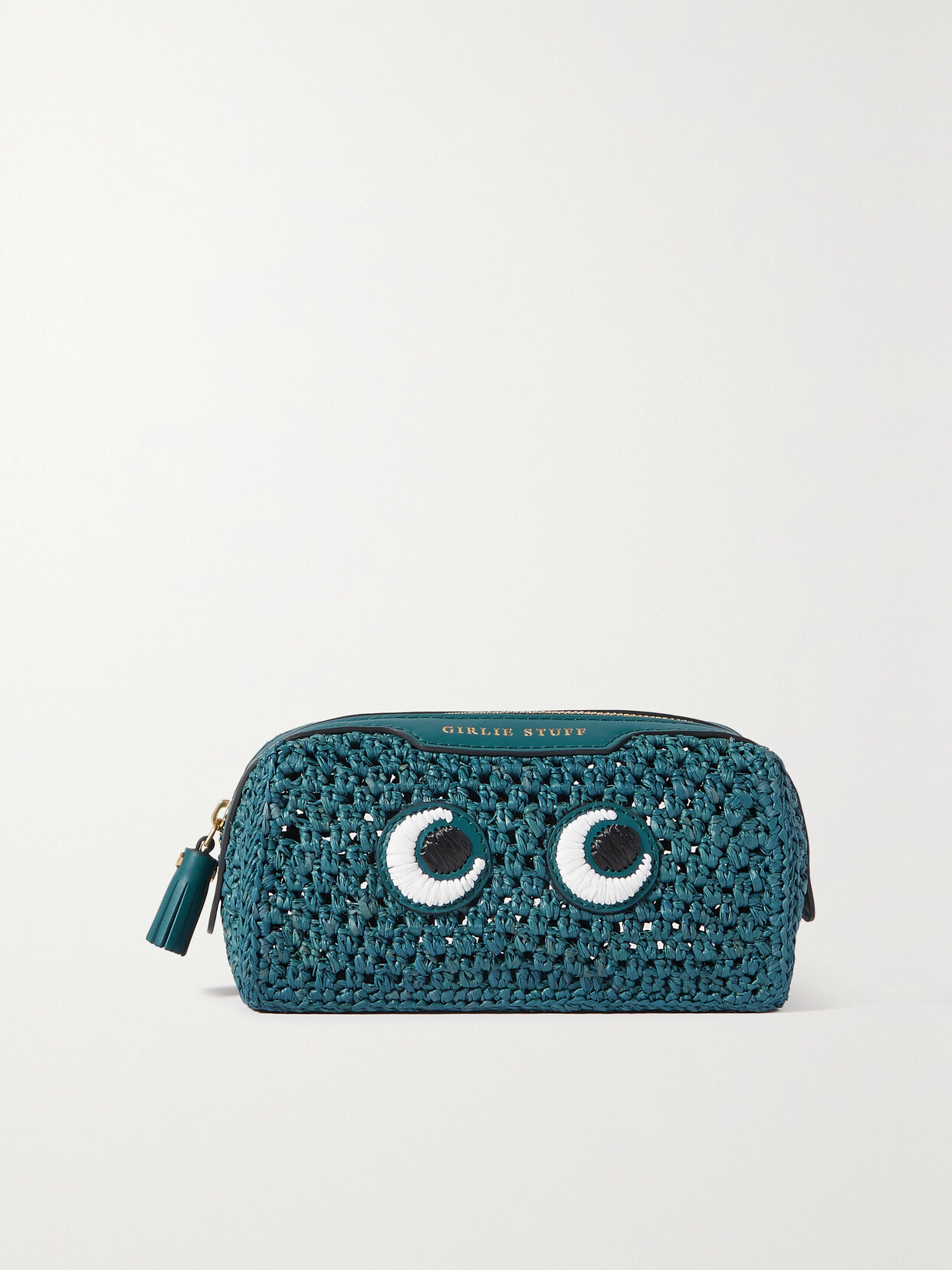 ANYA HINDMARCH GIRLIE STUFF EYES LEATHER-TRIMMED RAFFIA POUCH