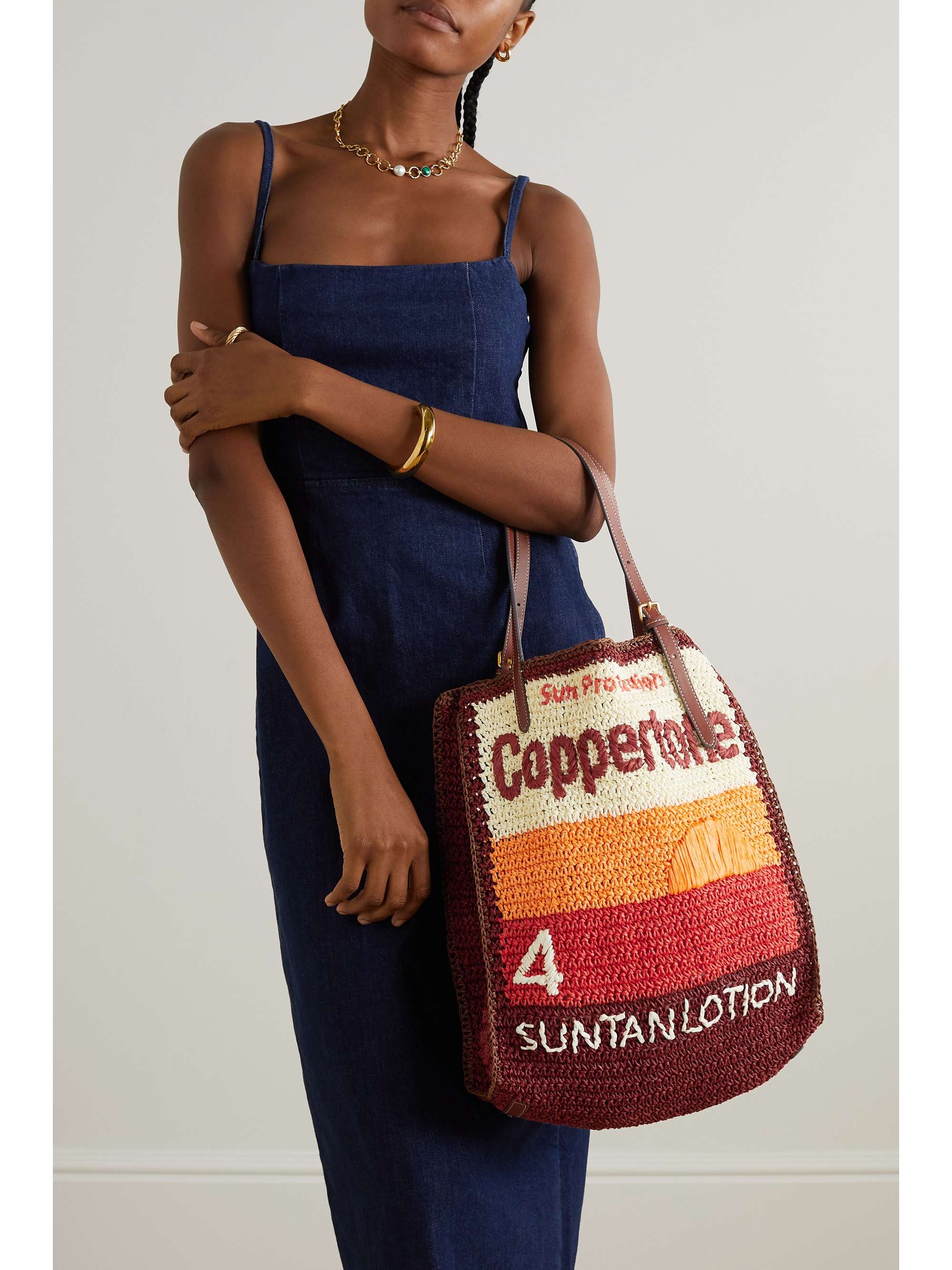 Brown Anya Brands Coppertone leathertrimmed striped raffia tote ANYA