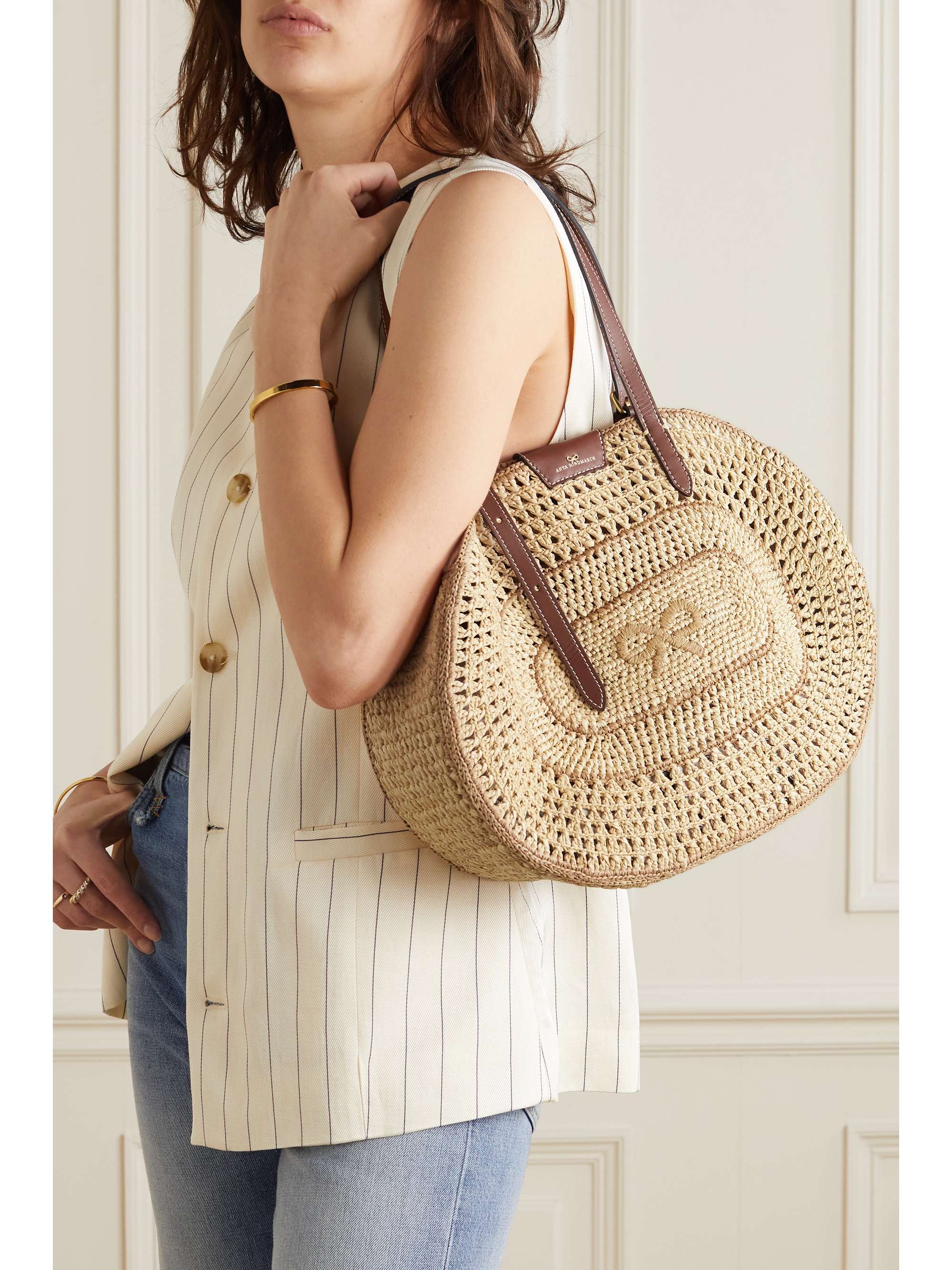 ANYA HINDMARCH Leathertrimmed crocheted raffia shoulder bag NETAPORTER