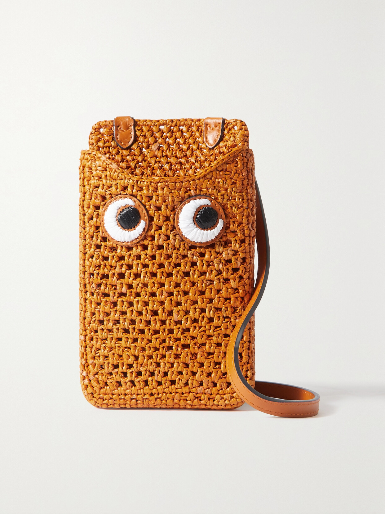 Anya Hindmarch Eyes Embroidered Leather-trimmed Raffia Phone Case In Orange