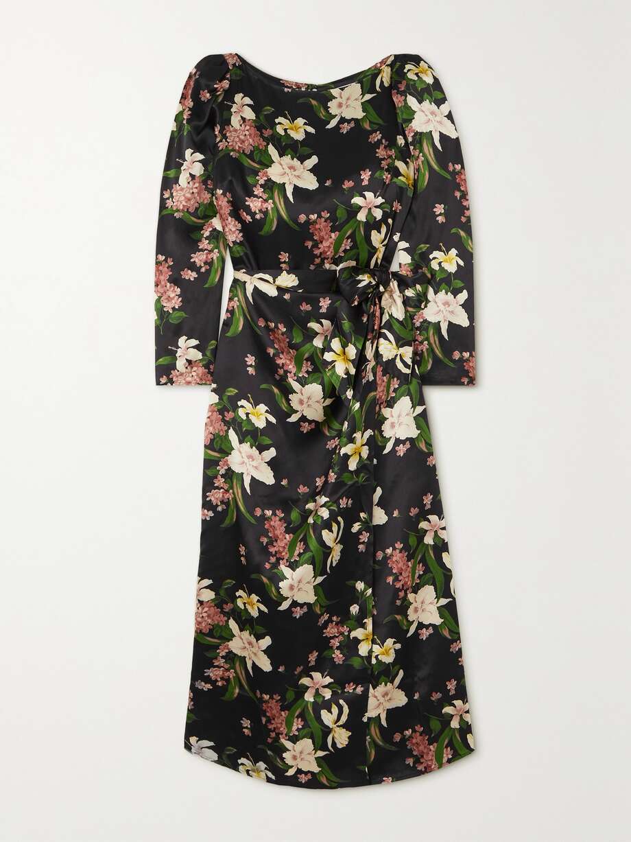 Black Cassis floral-print silk-satin midi wrap dress | REFORMATION | NET-A-PORTER