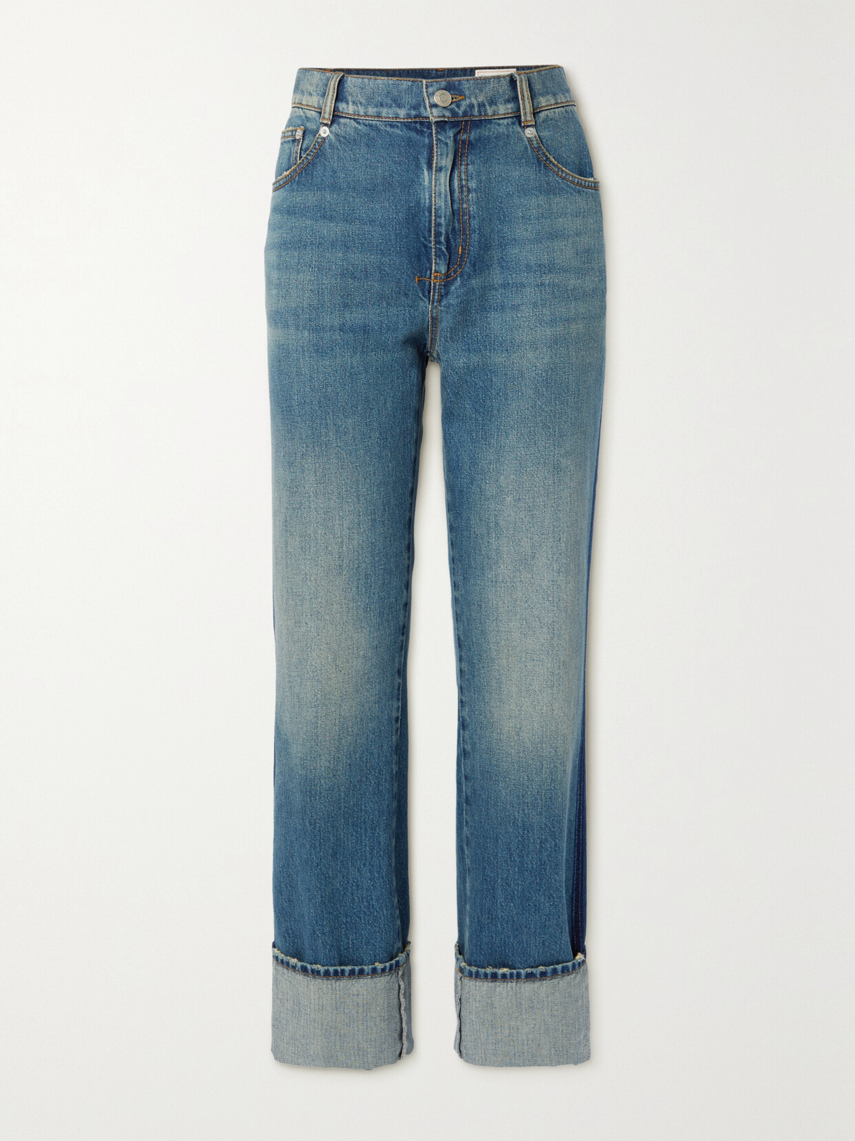Alexander Mcqueen Whiskering Detail High Rise Cuffed Straight Leg Jeans In Blue