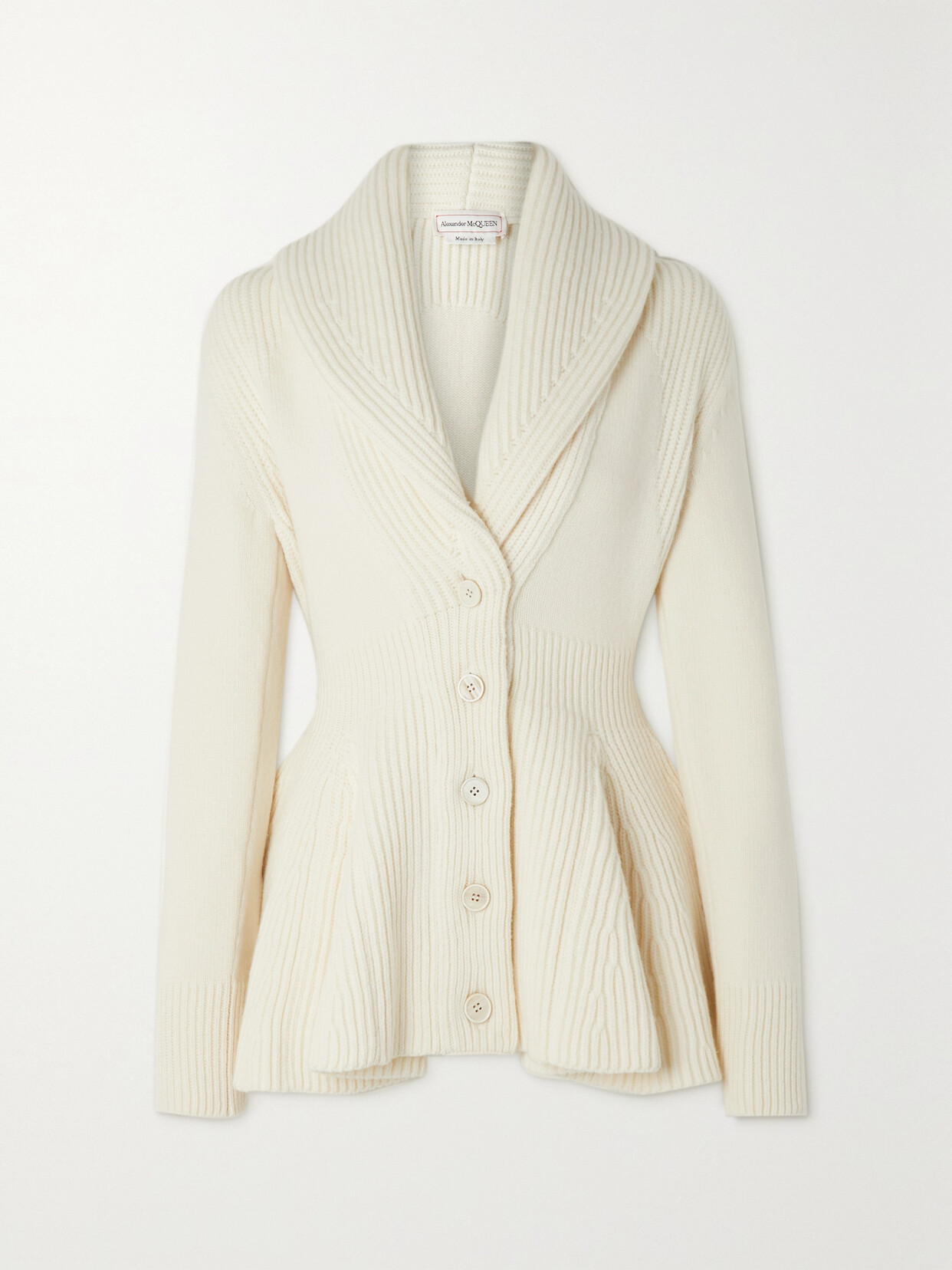 Alexander McQueen - Ribbed Wool Peplum Cardigan - White