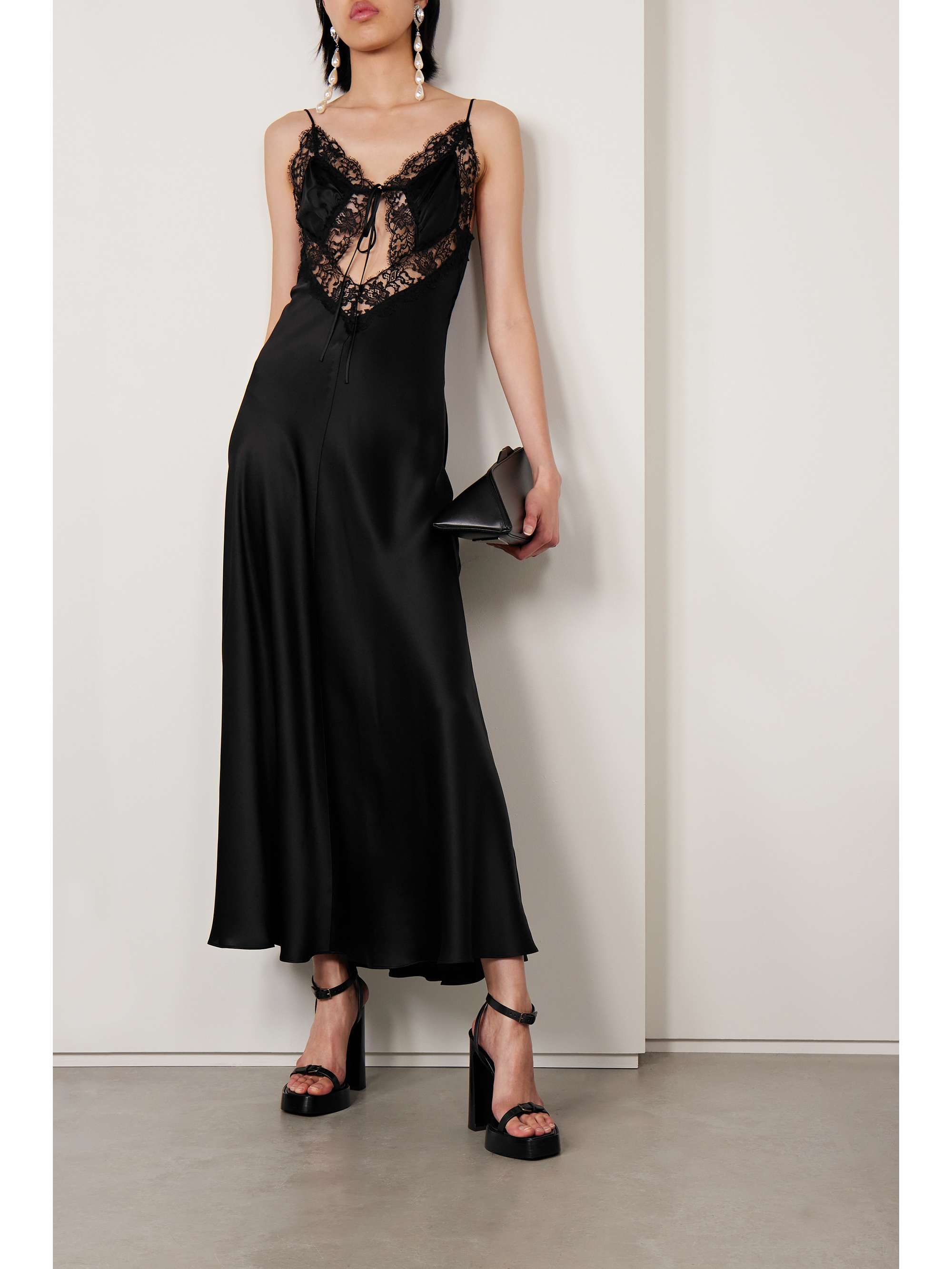 RODARTE Cutout lace-trimmed silk-satin maxi dress