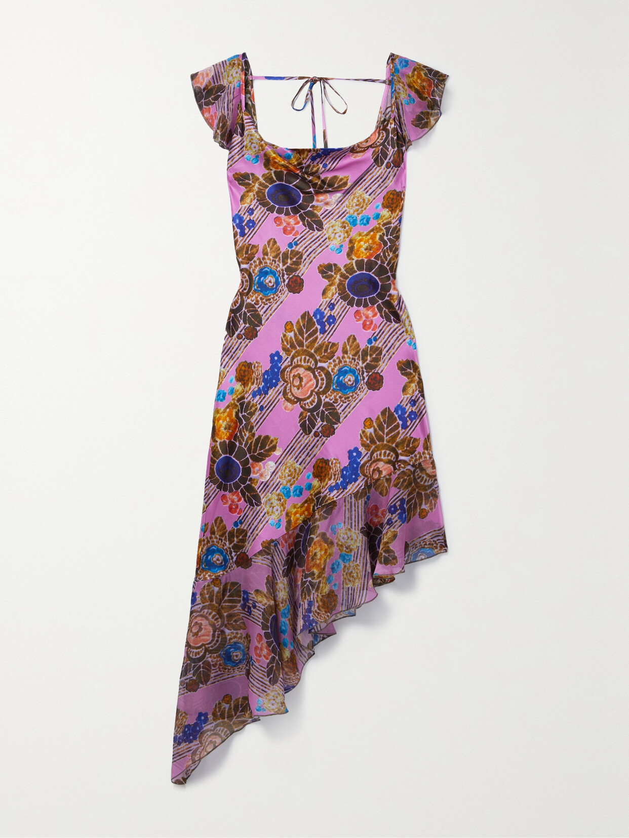 Rodarte - Asymmetric Floral-print Chiffon-trimmed Silk-satin Midi Dress - Pink