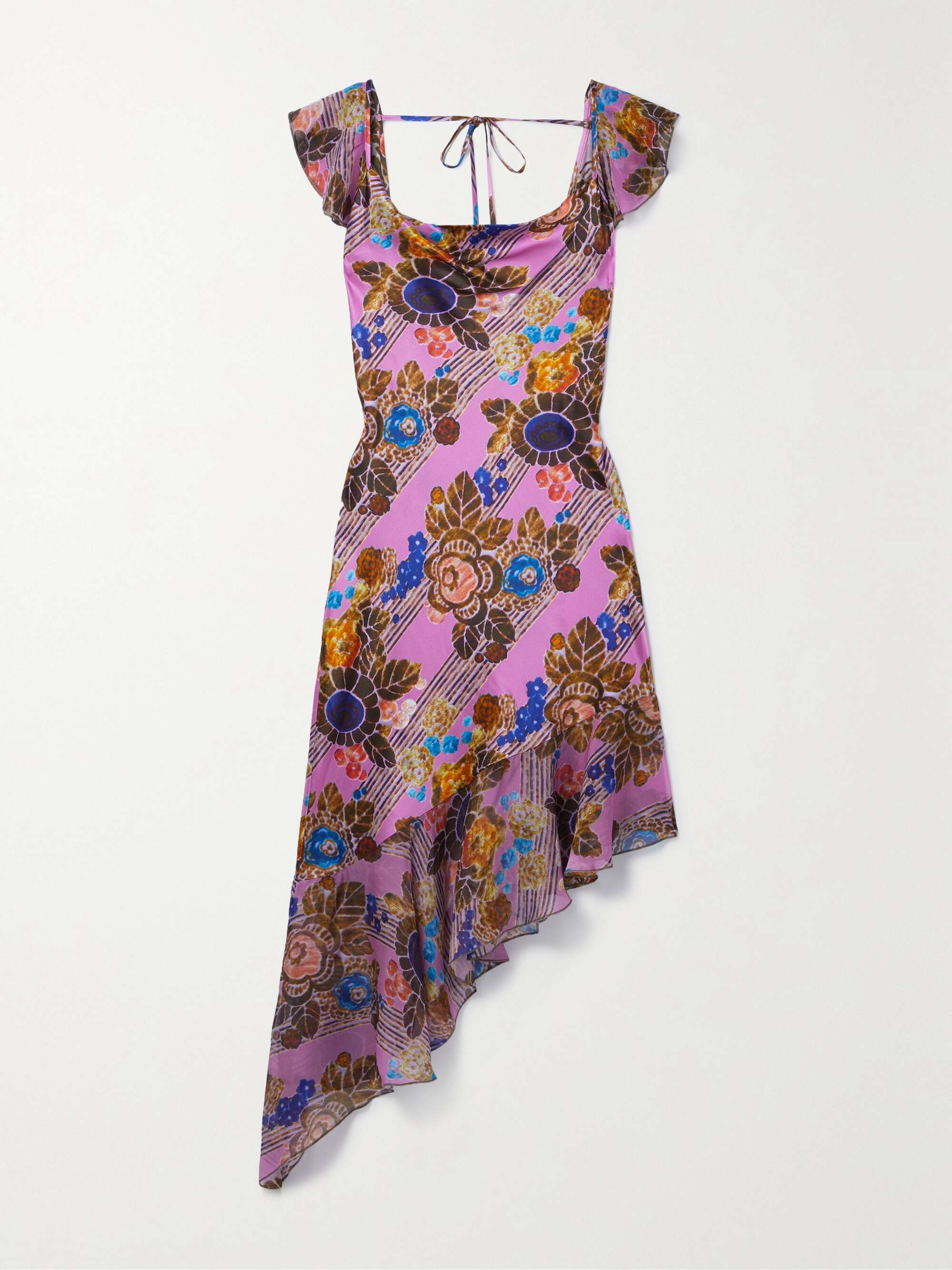 RODARTE Asymmetric floral-print chiffon-trimmed silk-satin midi dress |  NET-A-PORTER