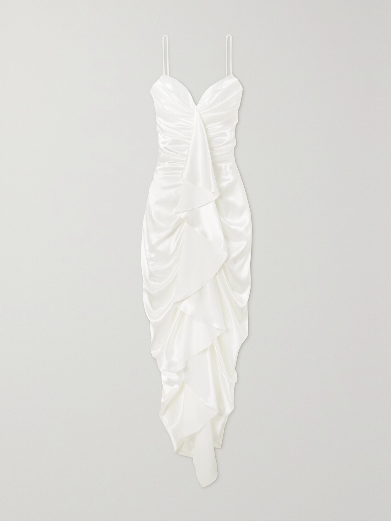 RASARIO - Ruffled Draped Satin Midi Dress - White