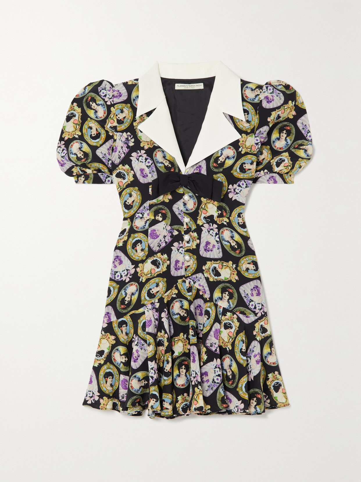 ALESSANDRA RICH BOW-EMBELLISHED PRINTED SILK MINI DRESS