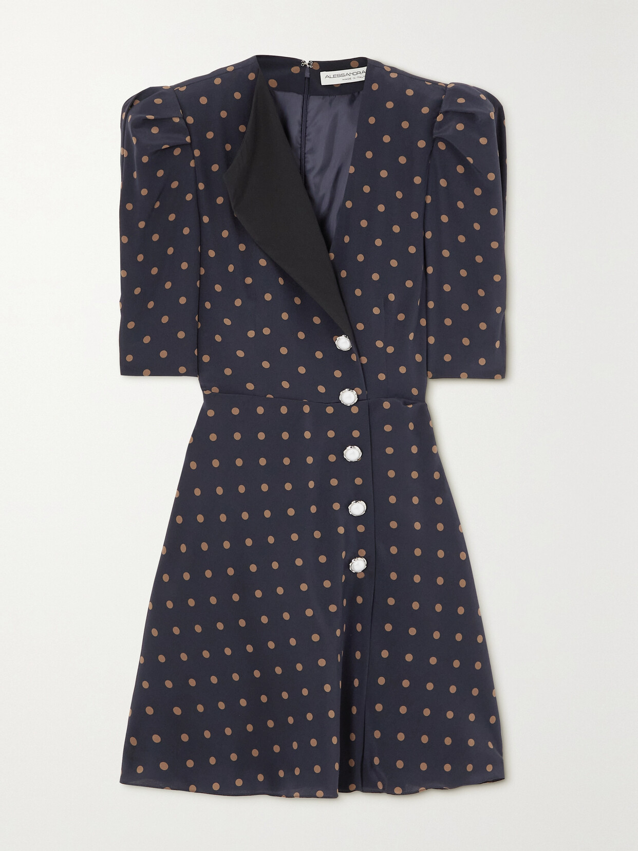 Alessandra Rich - Asymmetric Button-embellished Polka-dot Silk Mini Dress - Blue