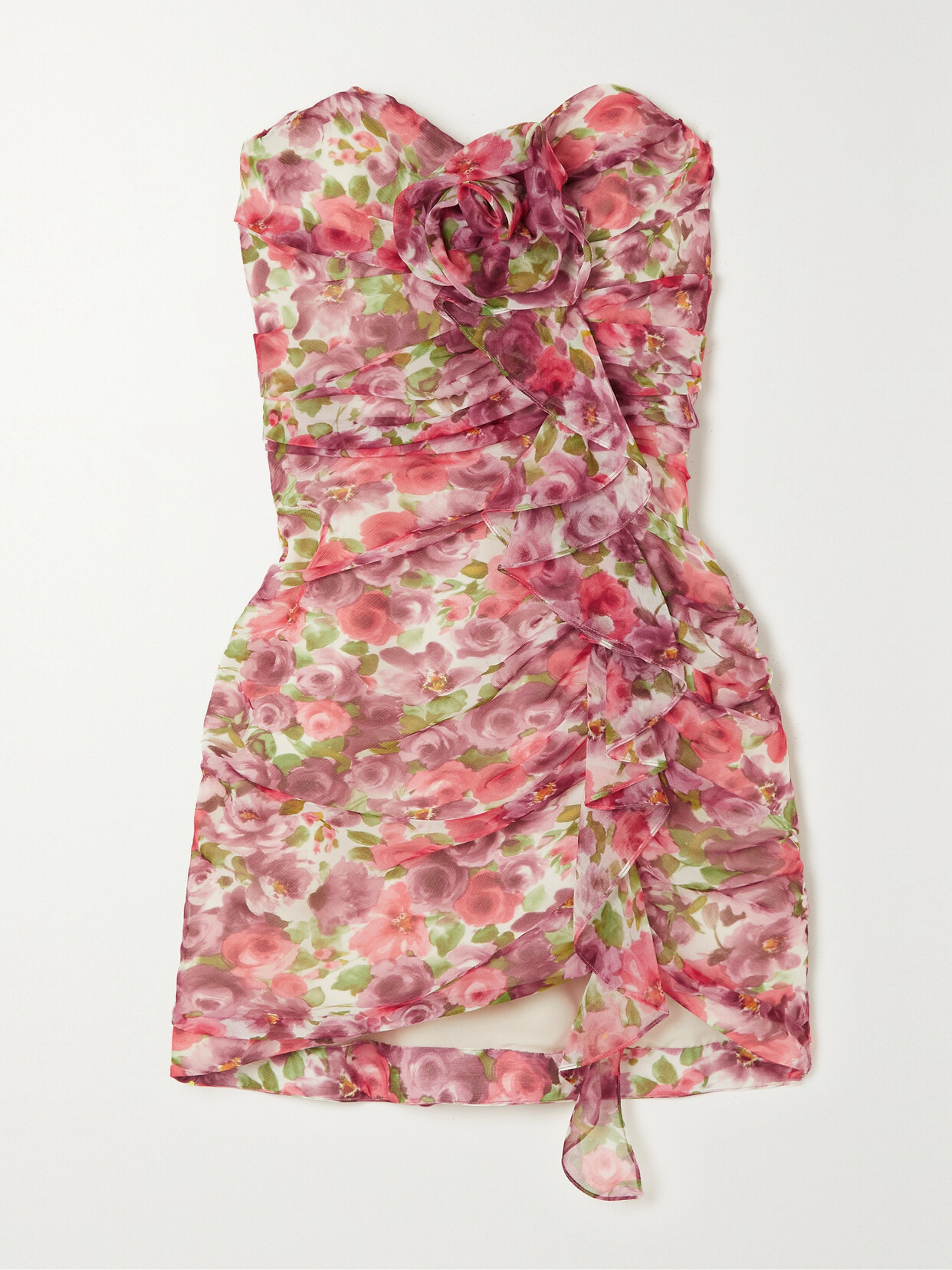 Alessandra Rich - Strapless Gathered Appliquéd Floral-print Silk-georgette Mini Dress - Pink