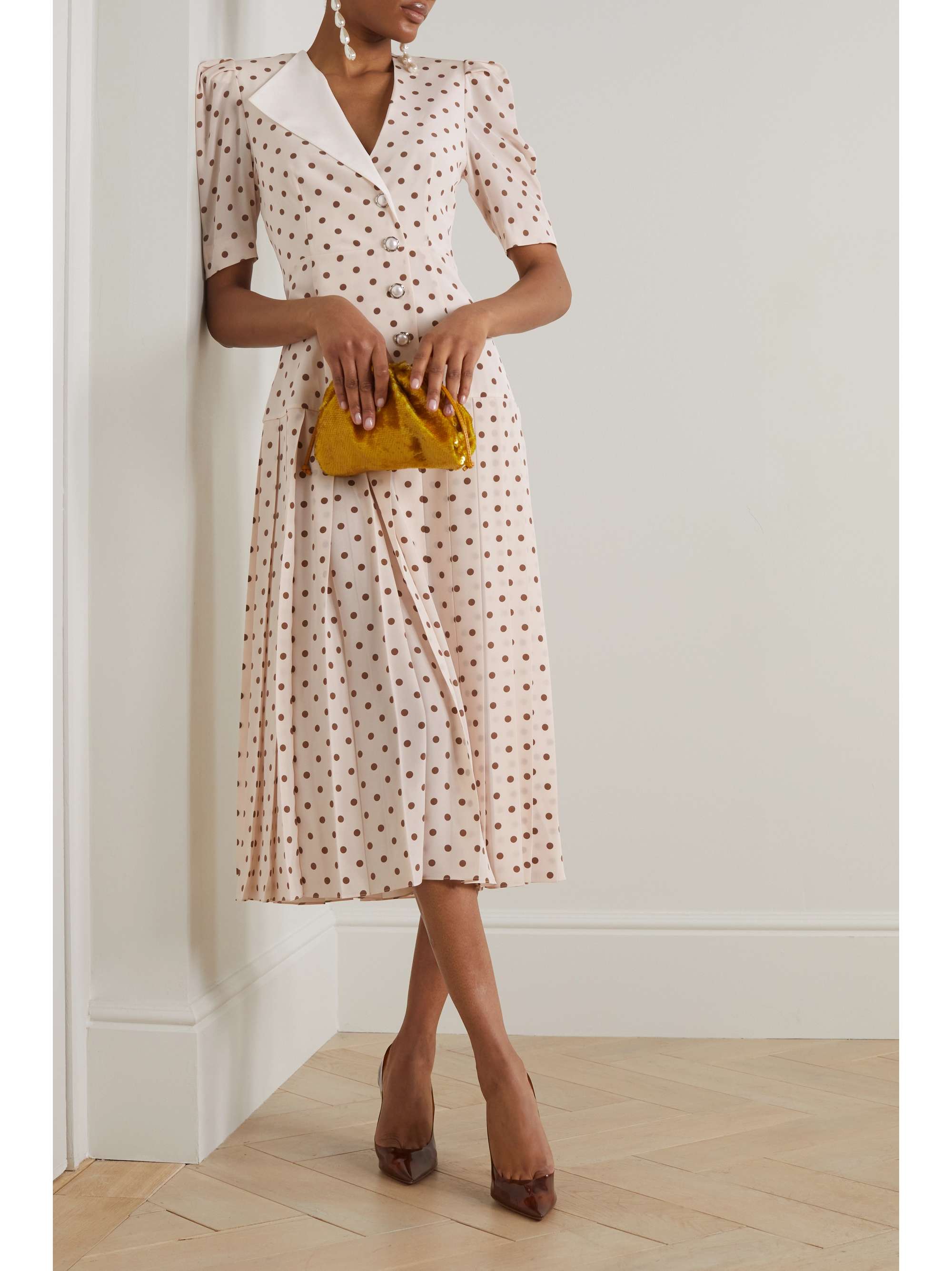 ALESSANDRA RICH Button-embellished pleated polka-dot silk midi dress