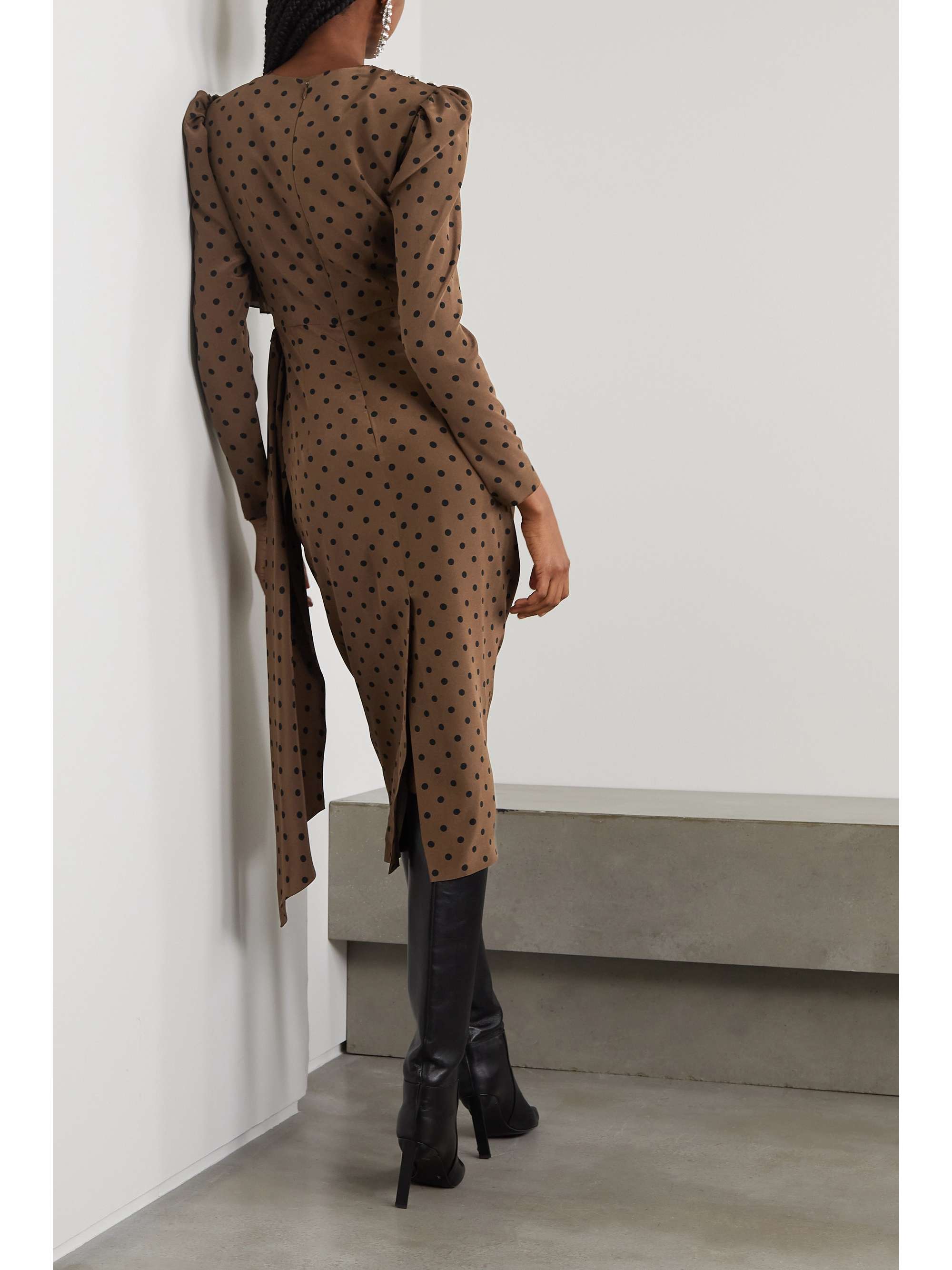 ALESSANDRA RICH シルククレープ ミディ丈ワンピース ドレープ入り ポルカドット柄