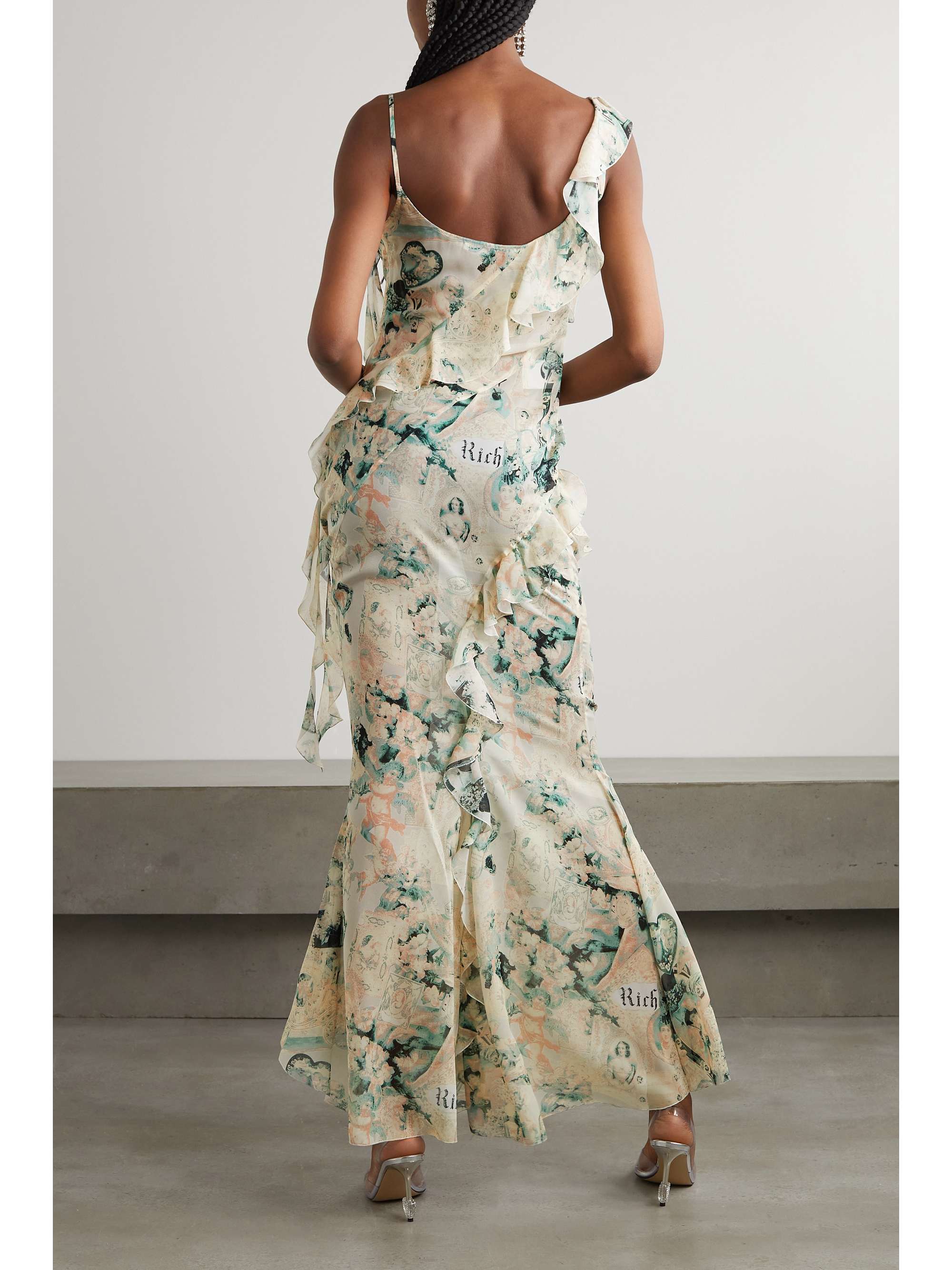 ALESSANDRA RICH シルクジョーゼット アシンメトリー マキシワンピース ラッフル付き プリント入り