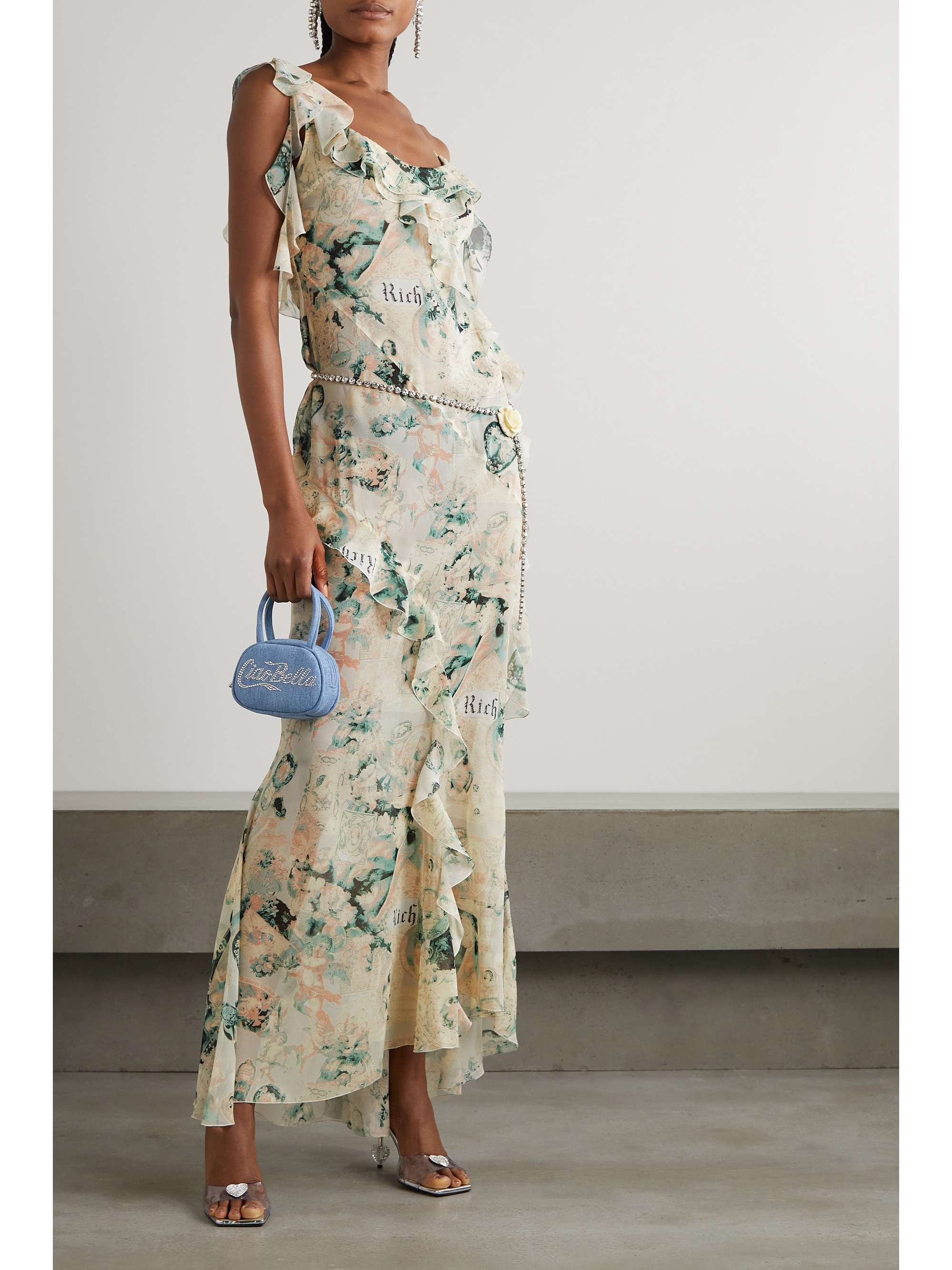 ALESSANDRA RICH シルクジョーゼット アシンメトリー マキシワンピース ラッフル付き プリント入り
