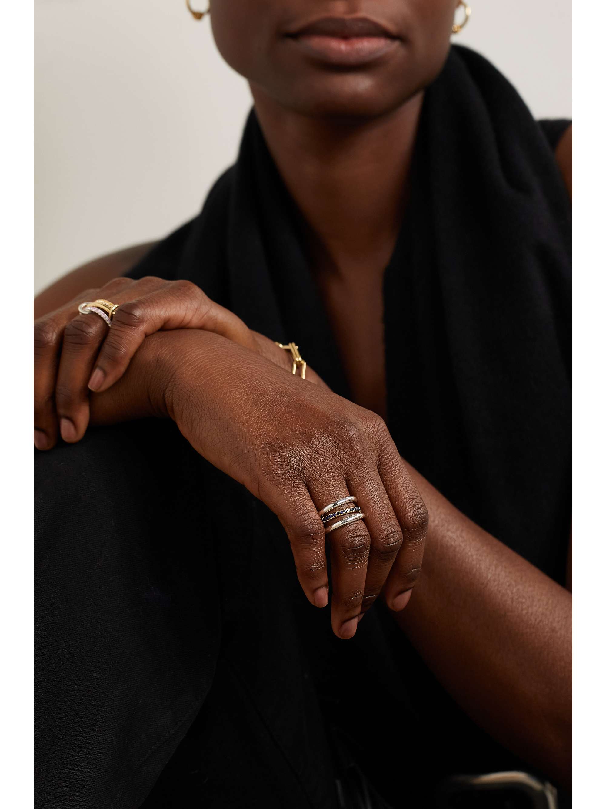 SPINELLI KILCOLLIN Libra set of three 18-karat gold, sterling silver and sapphire rings