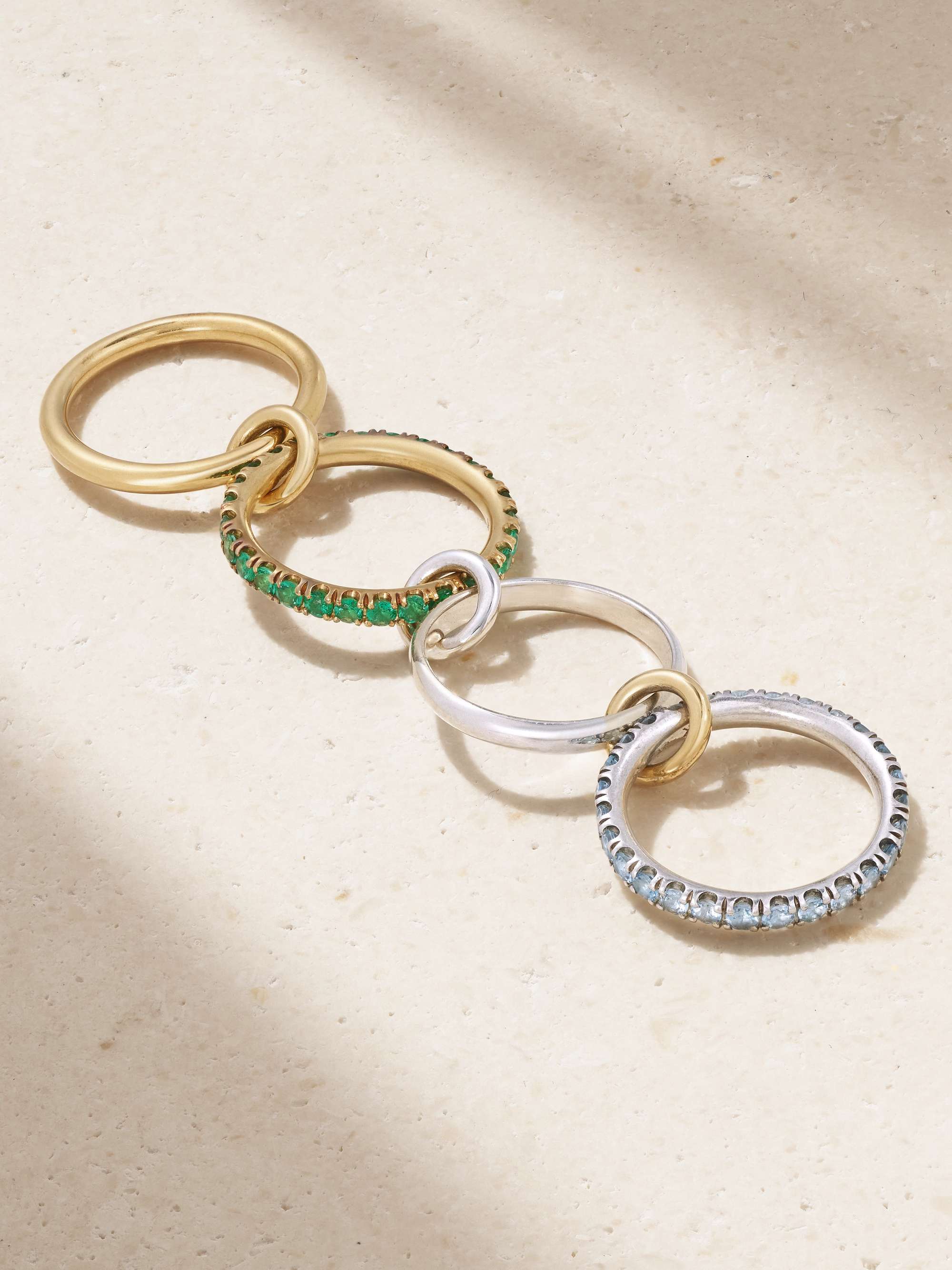 SPINELLI KILCOLLIN Halley set of four sterling silver and 18-karat gold, aquamarine and emerald ring