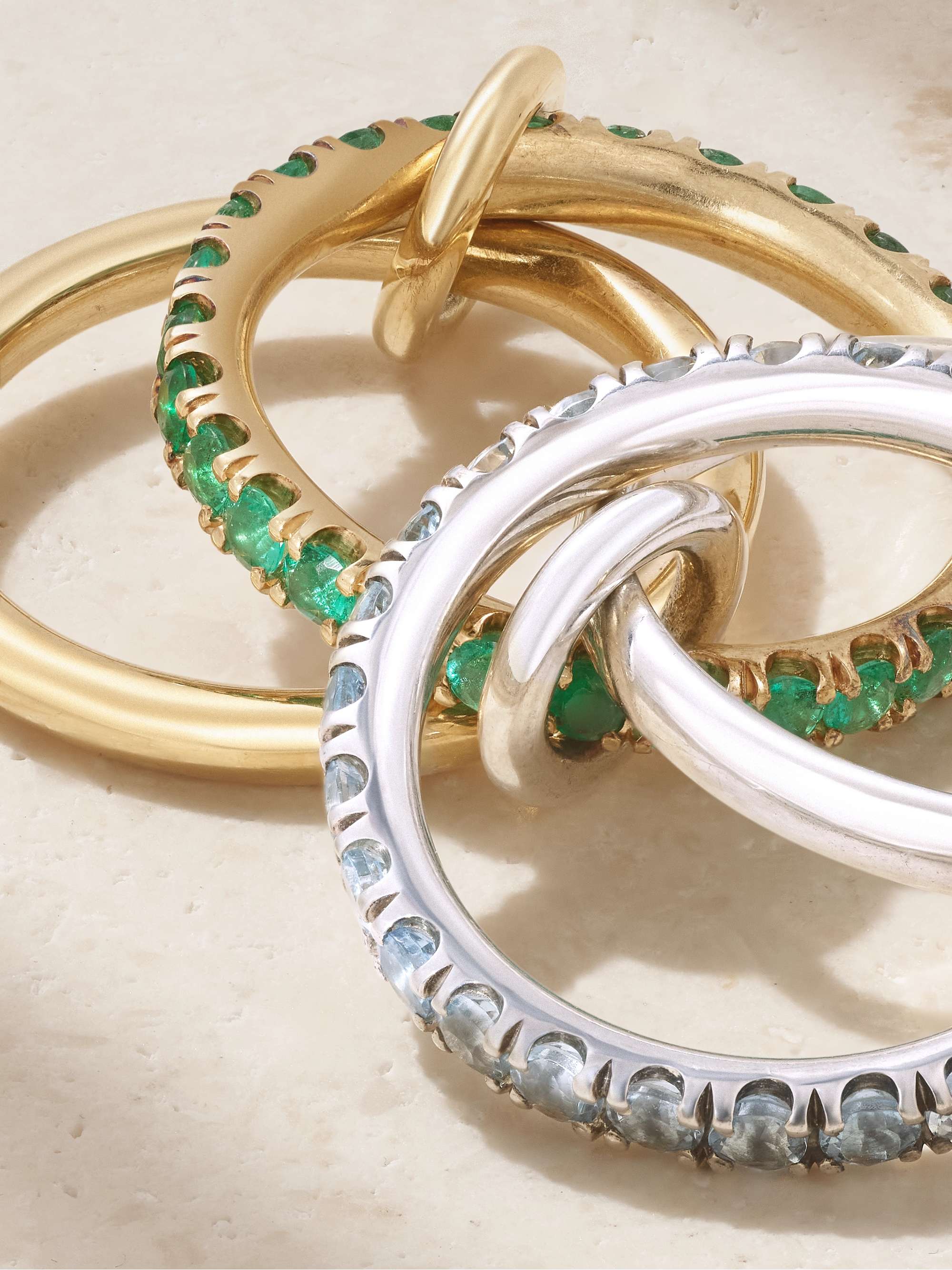 SPINELLI KILCOLLIN Halley set of four sterling silver and 18-karat gold, aquamarine and emerald ring