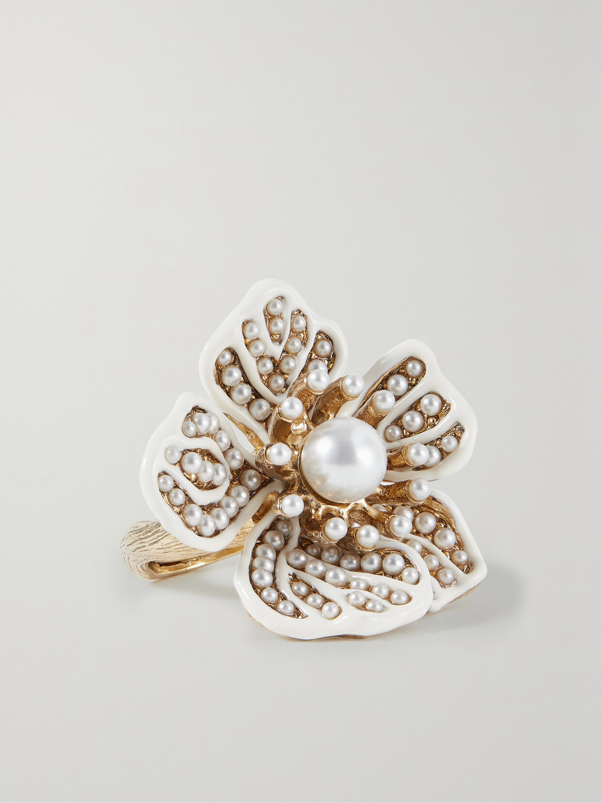 Oscar de la Renta - Broken Flower Gold-tone, Faux Pearl And Enamel Ring - Ivory